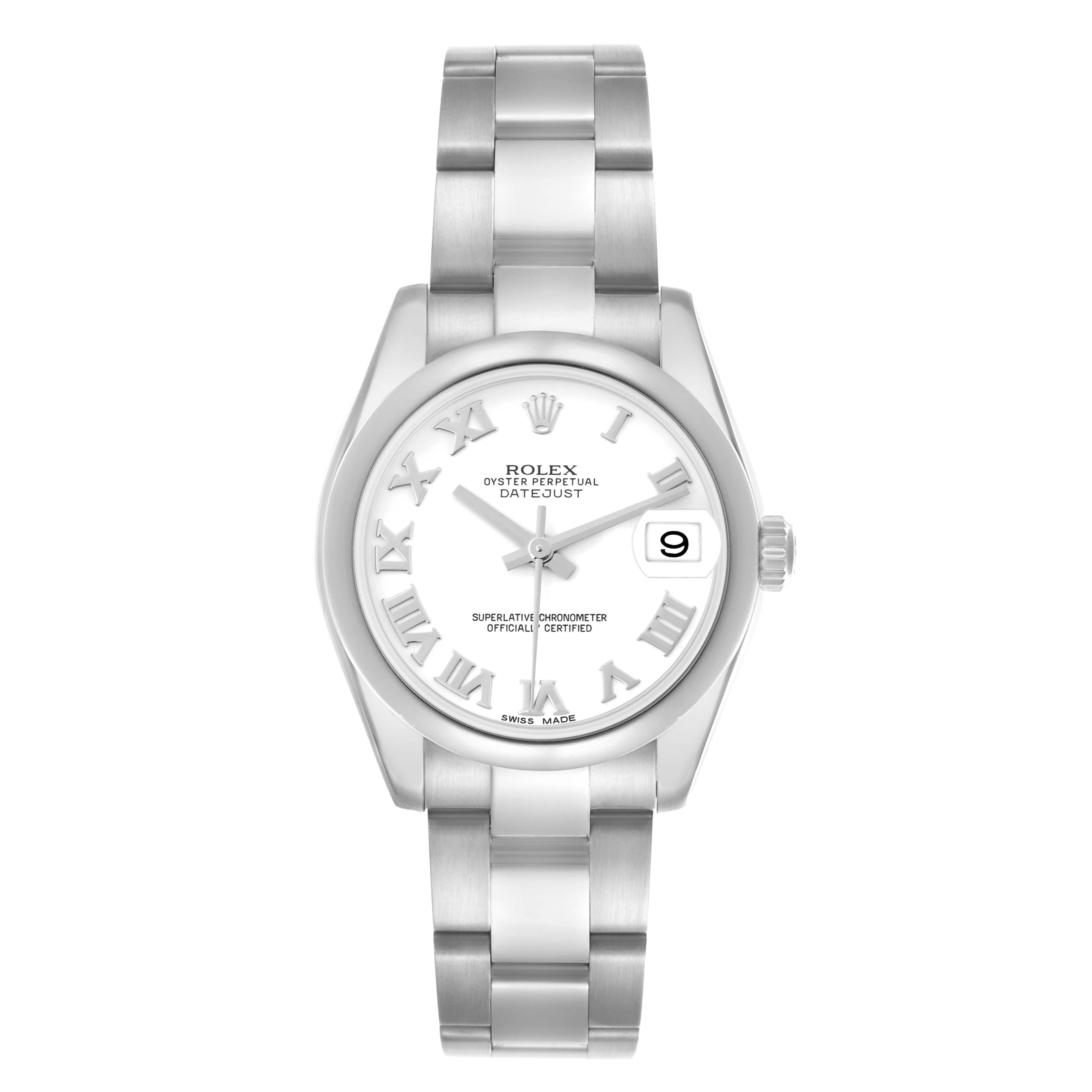 The Rolex Mid-Size 178240 Women's Stainless Steel White Dial 178240 Women's Stainless Steel White Dial watch is shown from a top-down angle, displaying the face, bezel, and bracelet.