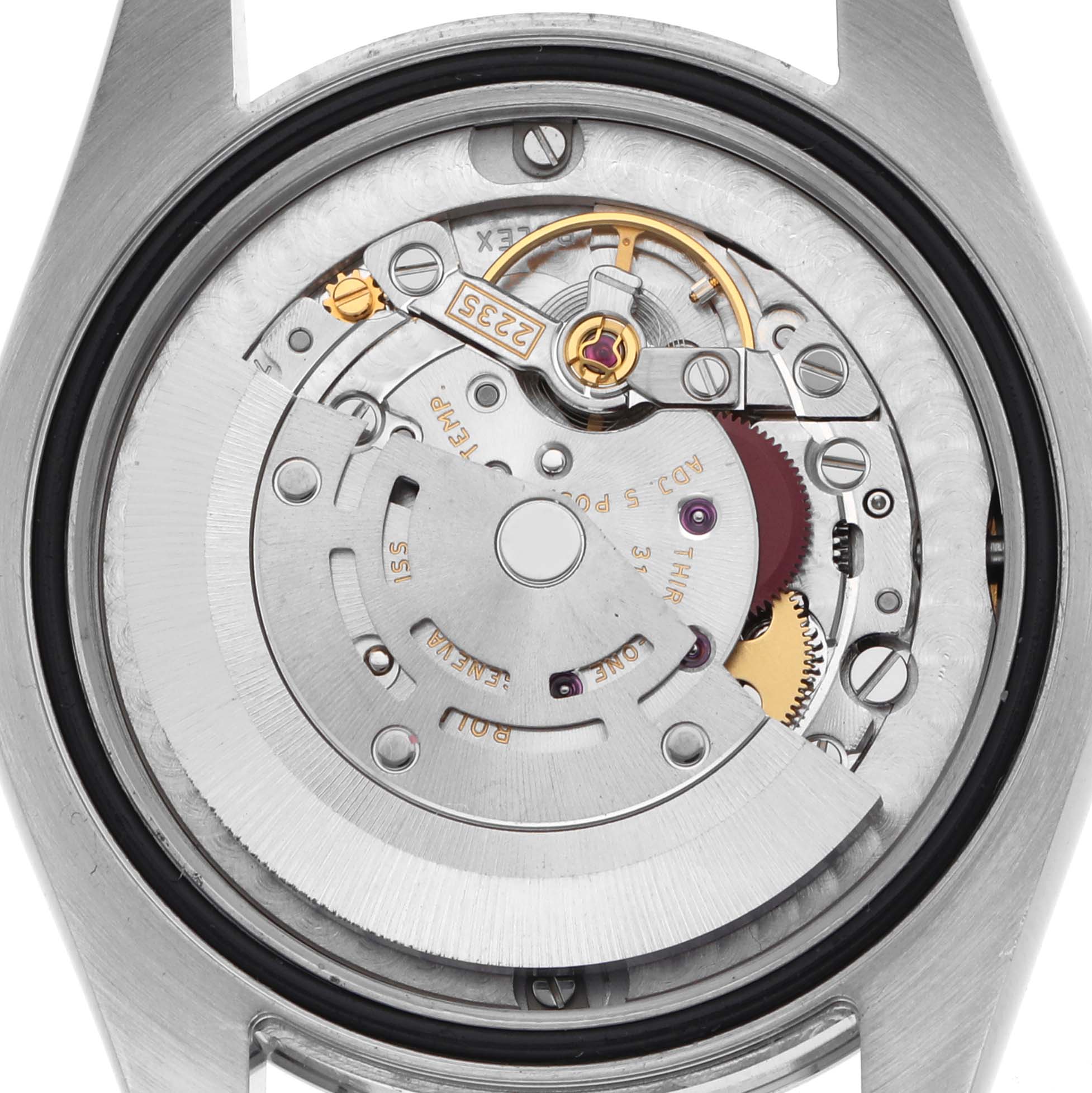 The image shows the caseback view of a Rolex Mid-Size 178240 Women's Stainless Steel White Dial 178240 Women's Stainless Steel White Dial model, revealing its intricate movement and rotor.