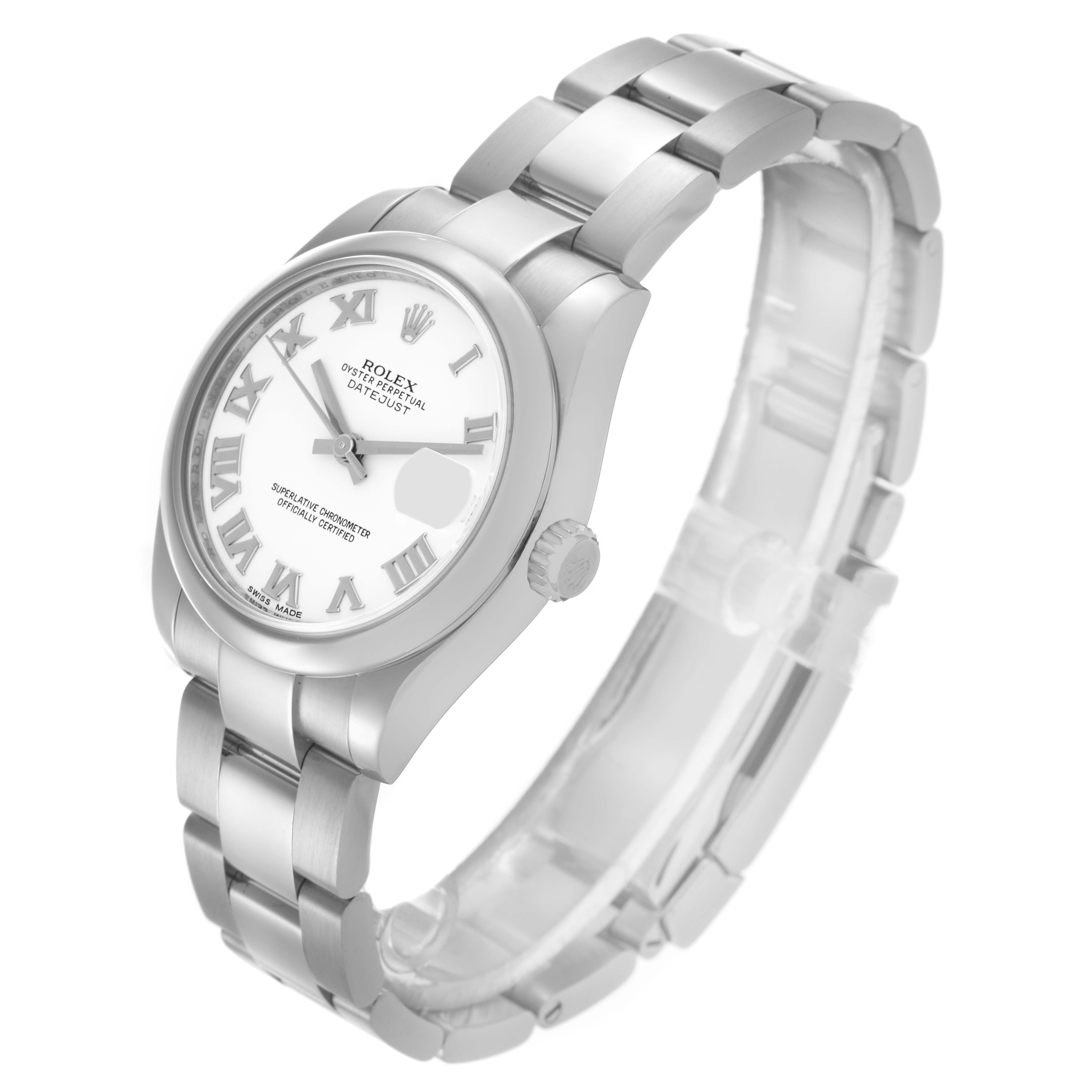 The Rolex Mid-Size 178240 Women's Stainless Steel White Dial 178240 Women's Stainless Steel White Dial watch is shown at a three-quarter angle highlighting its face, bezel, and bracelet.