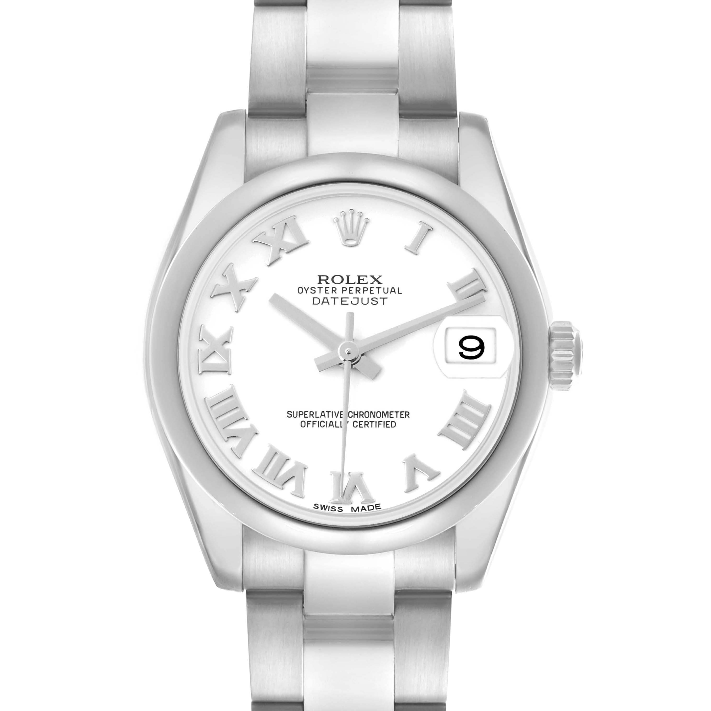 The Rolex Mid-Size 178240 Women's Stainless Steel White Dial 178240 Women's Stainless Steel White Dial watch is shown from a top angle, highlighting the dial, hands, and part of the bracelet.