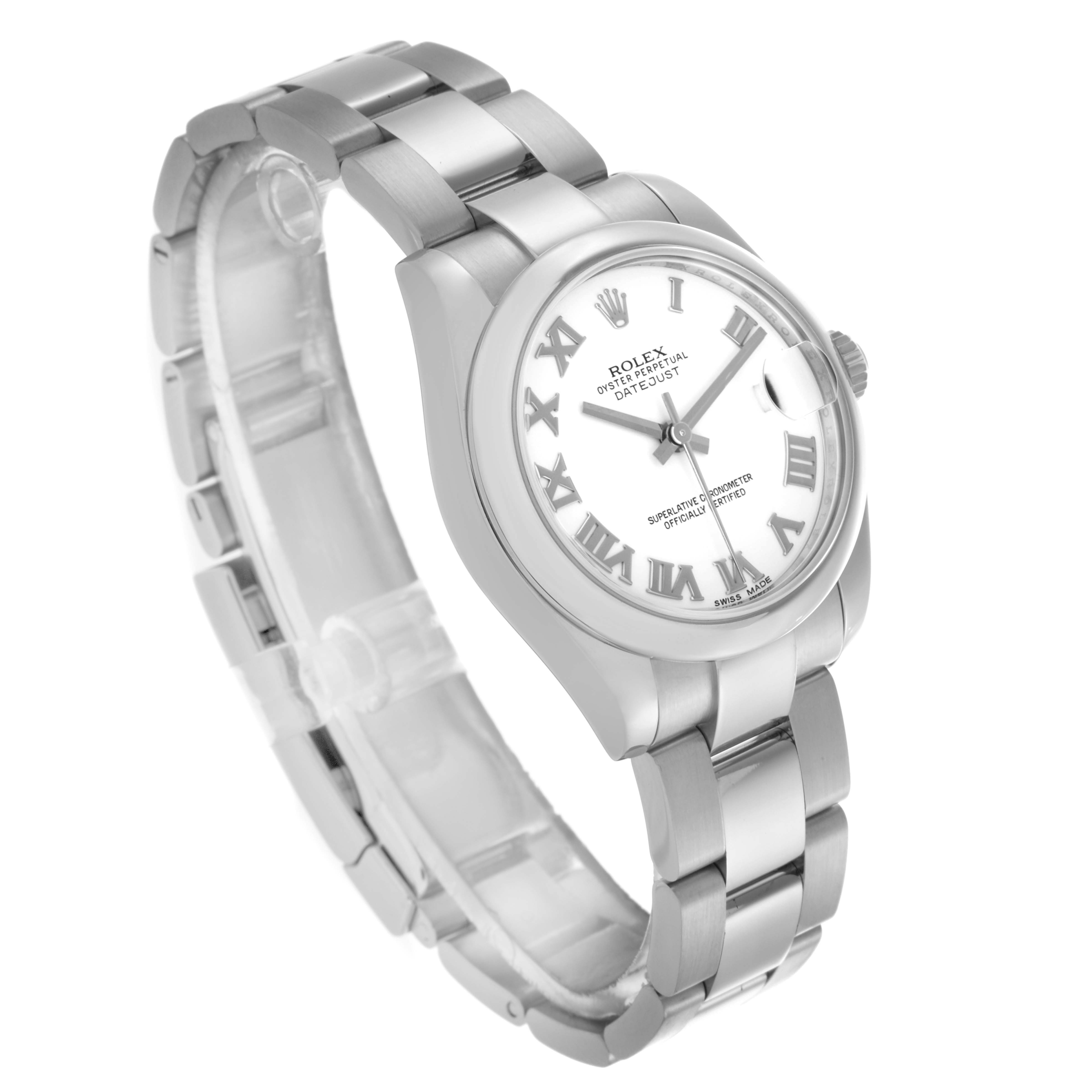 The Rolex Mid-Size 178240 Women's Stainless Steel White Dial 178240 Women's Stainless Steel White Dial watch is shown at an angled side view, displaying the bracelet, face, and crown.