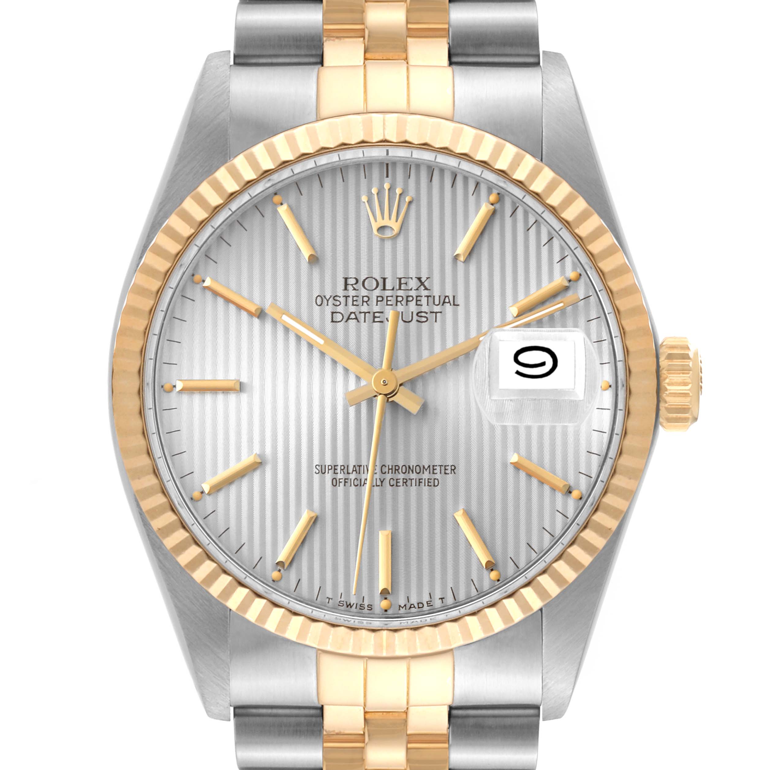 This image shows a front view of the Rolex Vintage Collection 16013 Men's Steel and Gold (two tone) Silver Dial 16013 Men's Steel and Gold (two tone) Silver Dial Datejust model, highlighting its dial, hands, bezel, and part of the bracelet.