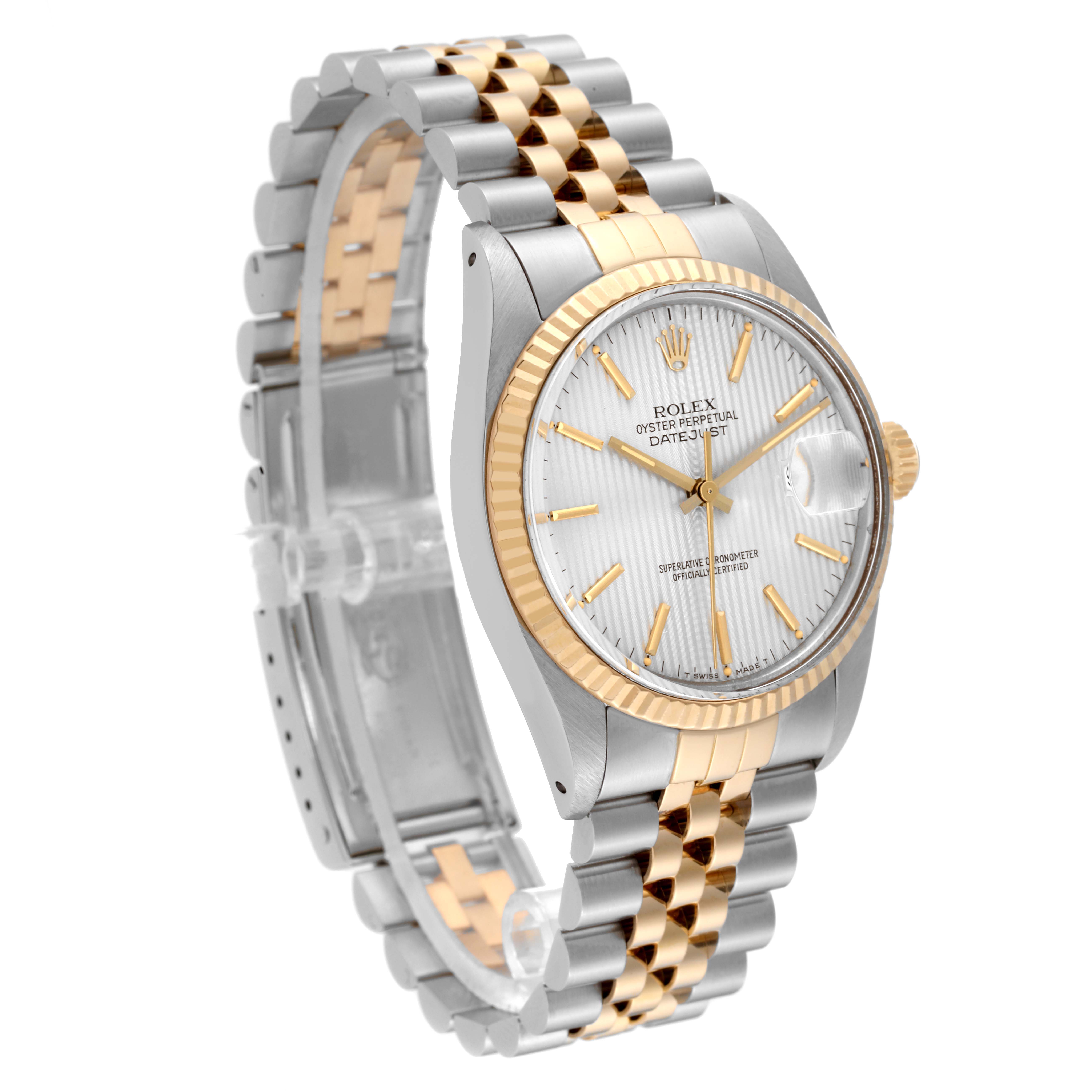 This image shows a Rolex Vintage Collection 16013 Men's Steel and Gold (two tone) Silver Dial 16013 Men's Steel and Gold (two tone) Silver Dial watch, displaying the face, case, and two-tone metal bracelet at a slight angle.