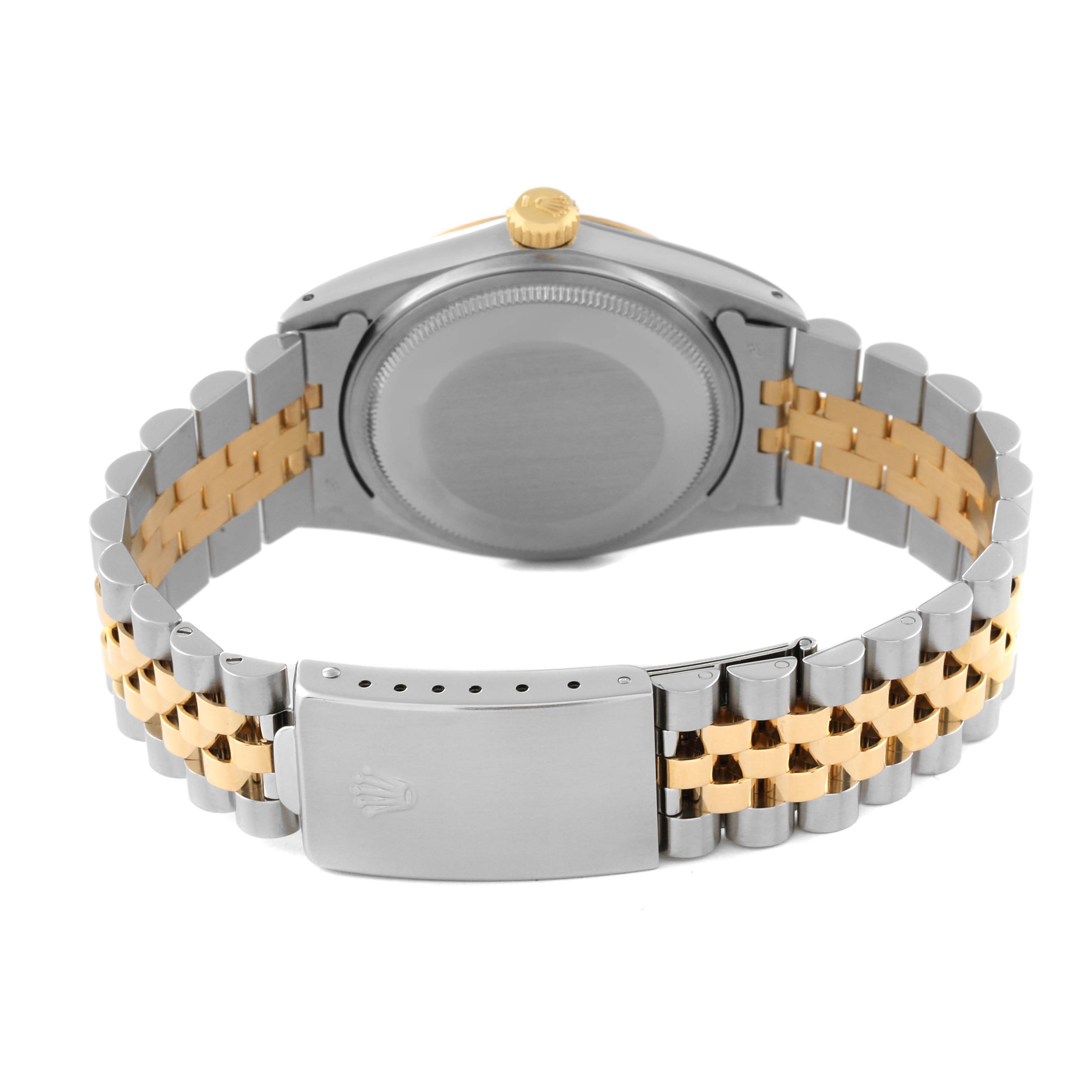 This image shows the back view of a Rolex Vintage Collection 16013 Men's Steel and Gold (two tone) Silver Dial 16013 Men's Steel and Gold (two tone) Silver Dial model watch, highlighting the case back, crown, and two-tone bracelet with clasp.