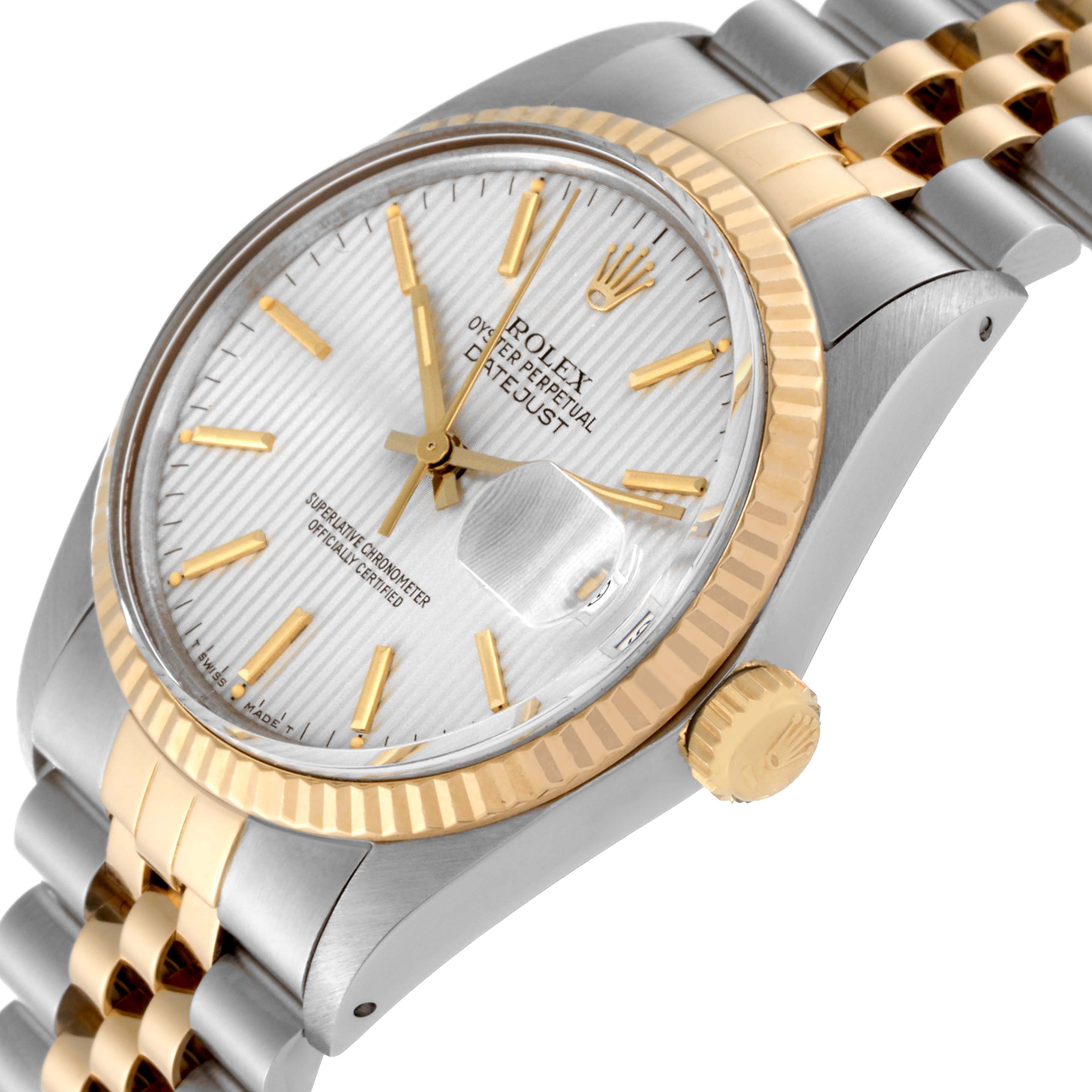 The Rolex Vintage Collection 16013 Men's Steel and Gold (two tone) Silver Dial 16013 Men's Steel and Gold (two tone) Silver Dial model watch is shown at an angle highlighting the dial, crown, bezel, and part of the bracelet.