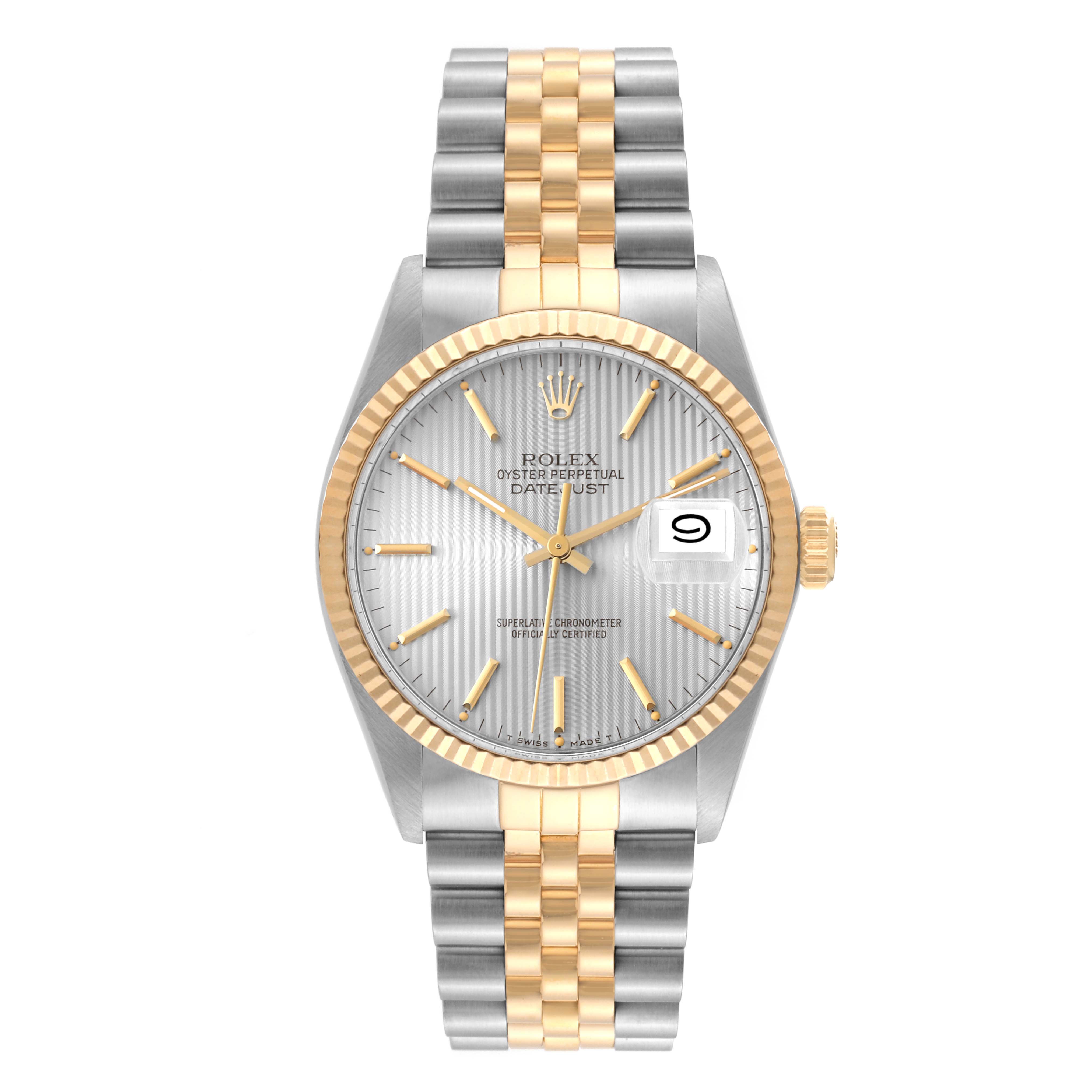 This image shows a frontal view of a Rolex Vintage Collection 16013 Men's Steel and Gold (two tone) Silver Dial 16013 Men's Steel and Gold (two tone) Silver Dial Datejust watch, highlighting its two-tone bracelet and fluted bezel.