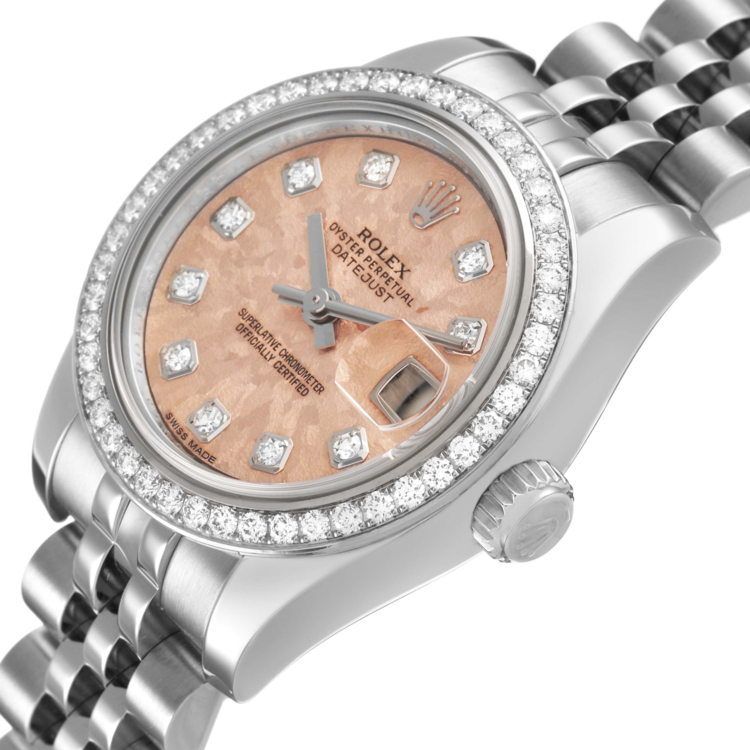 The Rolex Datejust 179384 Women's Stainless Steel Pink Dial watch is shown at a slight angle, highlighting its diamond-encrusted bezel, face, and bracelet.