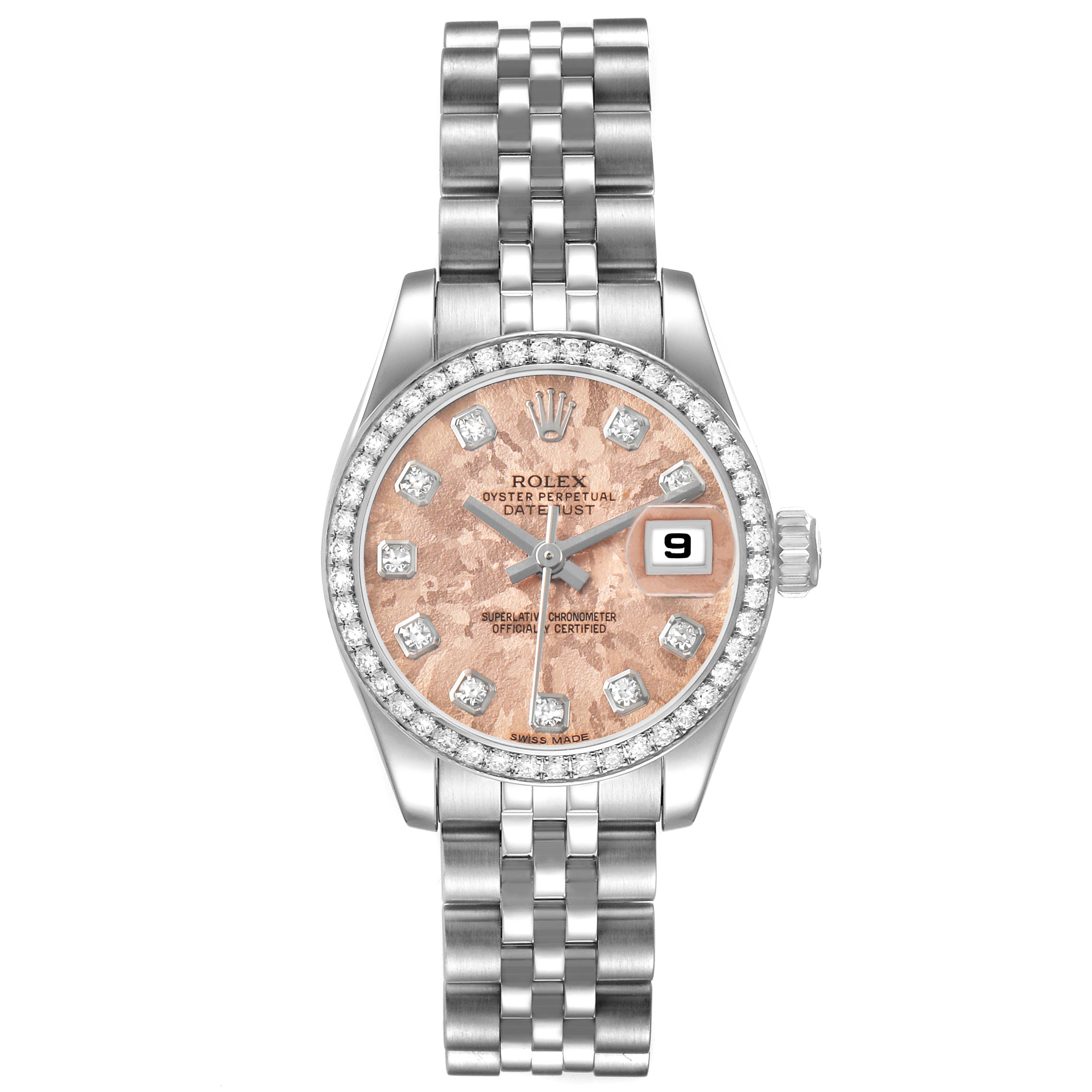 The Rolex Datejust 179384 Women's Stainless Steel Pink Dial watch is shown from a front view, highlighting its dial, bezel, bracelet, and date window.