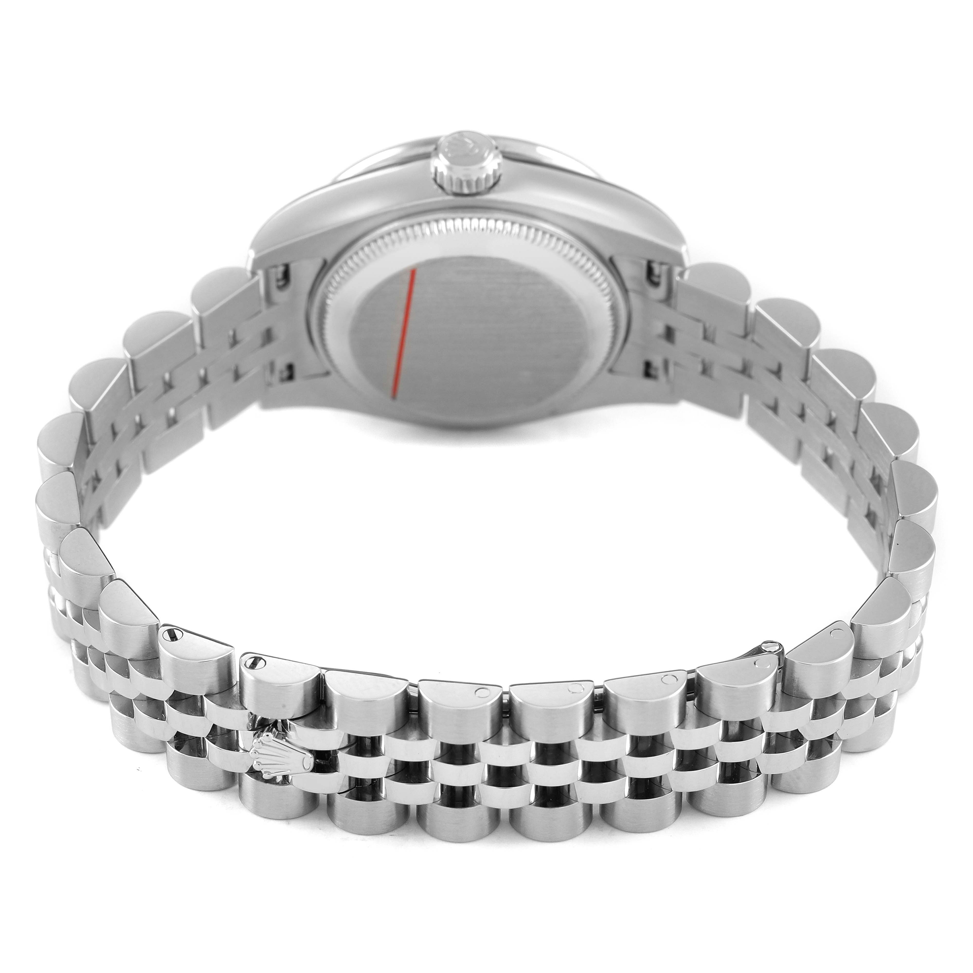 The image shows the back view of the Rolex Datejust 179384 Women's Stainless Steel Pink Dial, highlighting the case back, crown, and Jubilee bracelet.