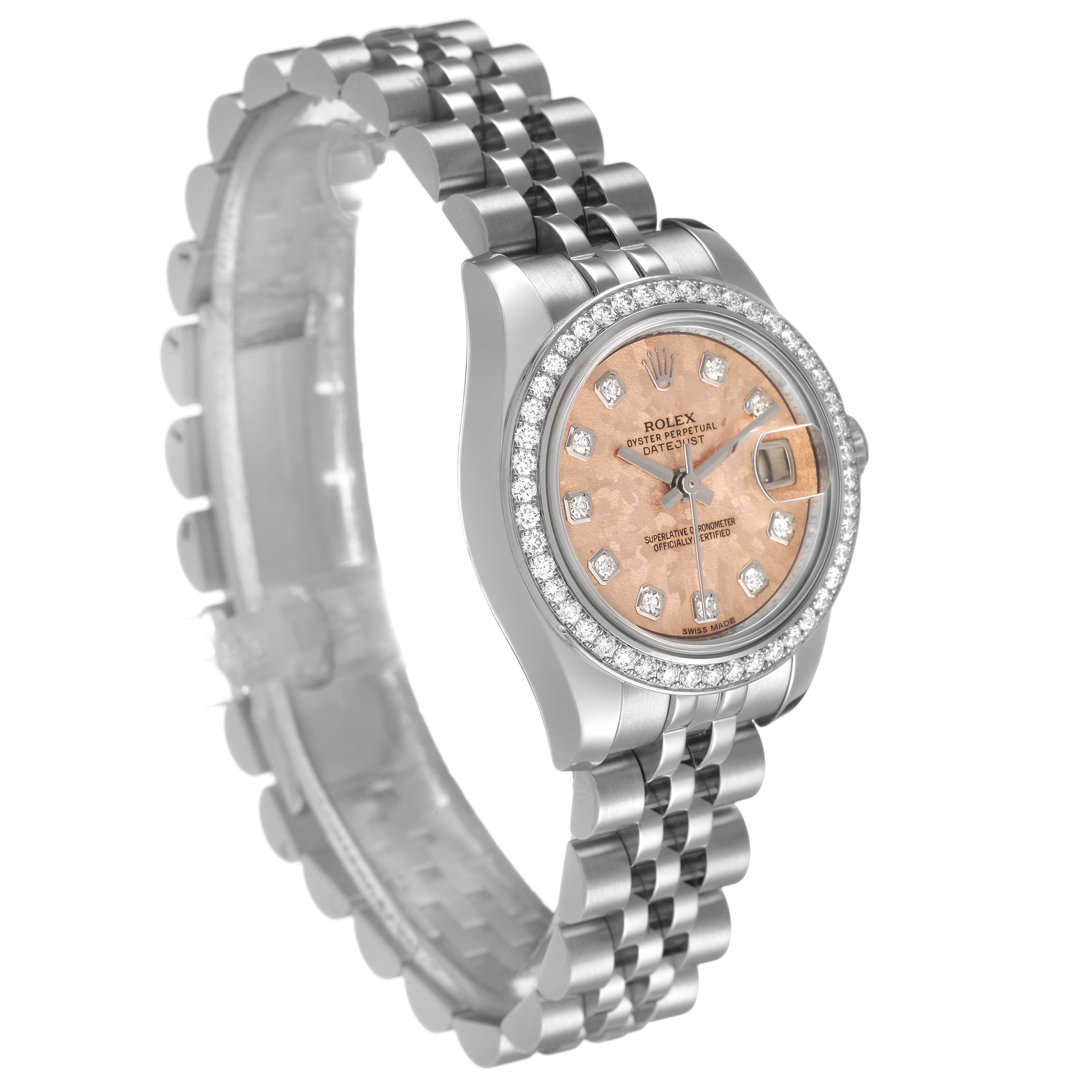 The Rolex Datejust 179384 Women's Stainless Steel Pink Dial watch is shown at an angled side view, highlighting the bezel, dial, and bracelet.