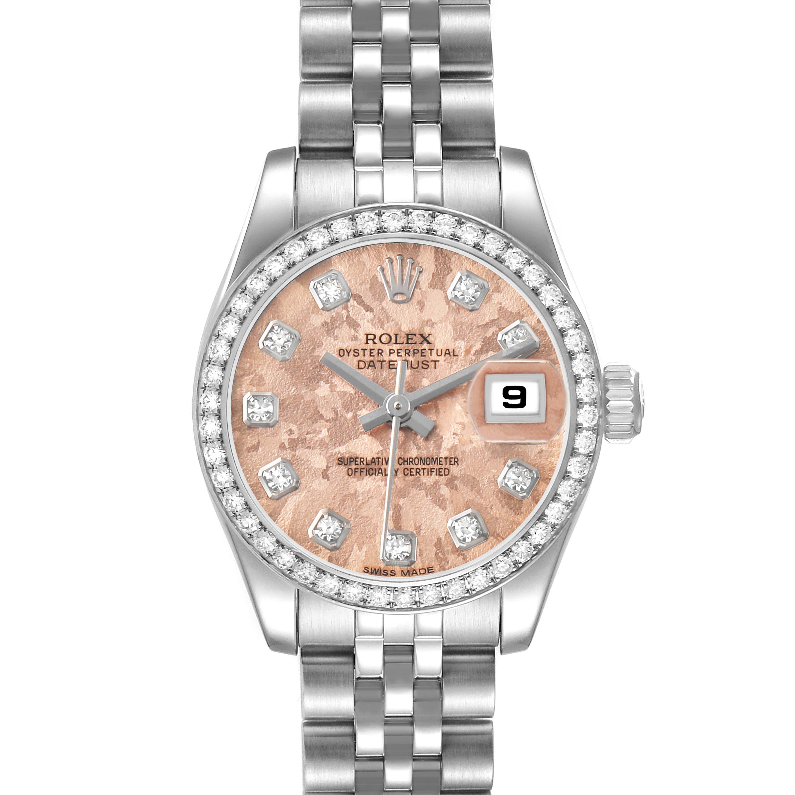 The Rolex Datejust 179384 Women's Stainless Steel Pink Dial is shown from a front angle, displaying the dial, bracelet, bezel, and crown.
