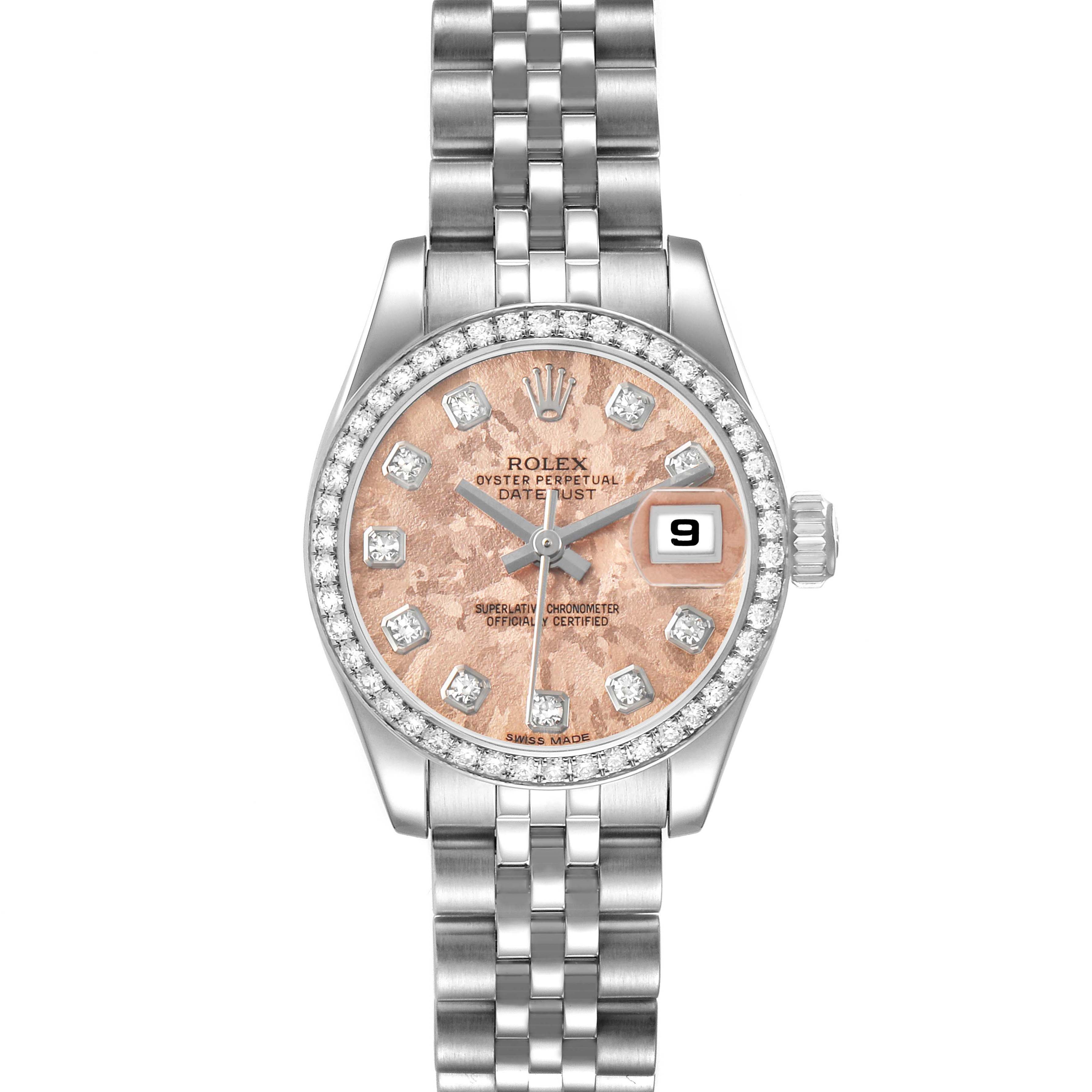The Rolex Datejust 179384 Women's Stainless Steel Pink Dial watch is shown from a front angle, highlighting its dial, bezel with diamonds, and bracelet.