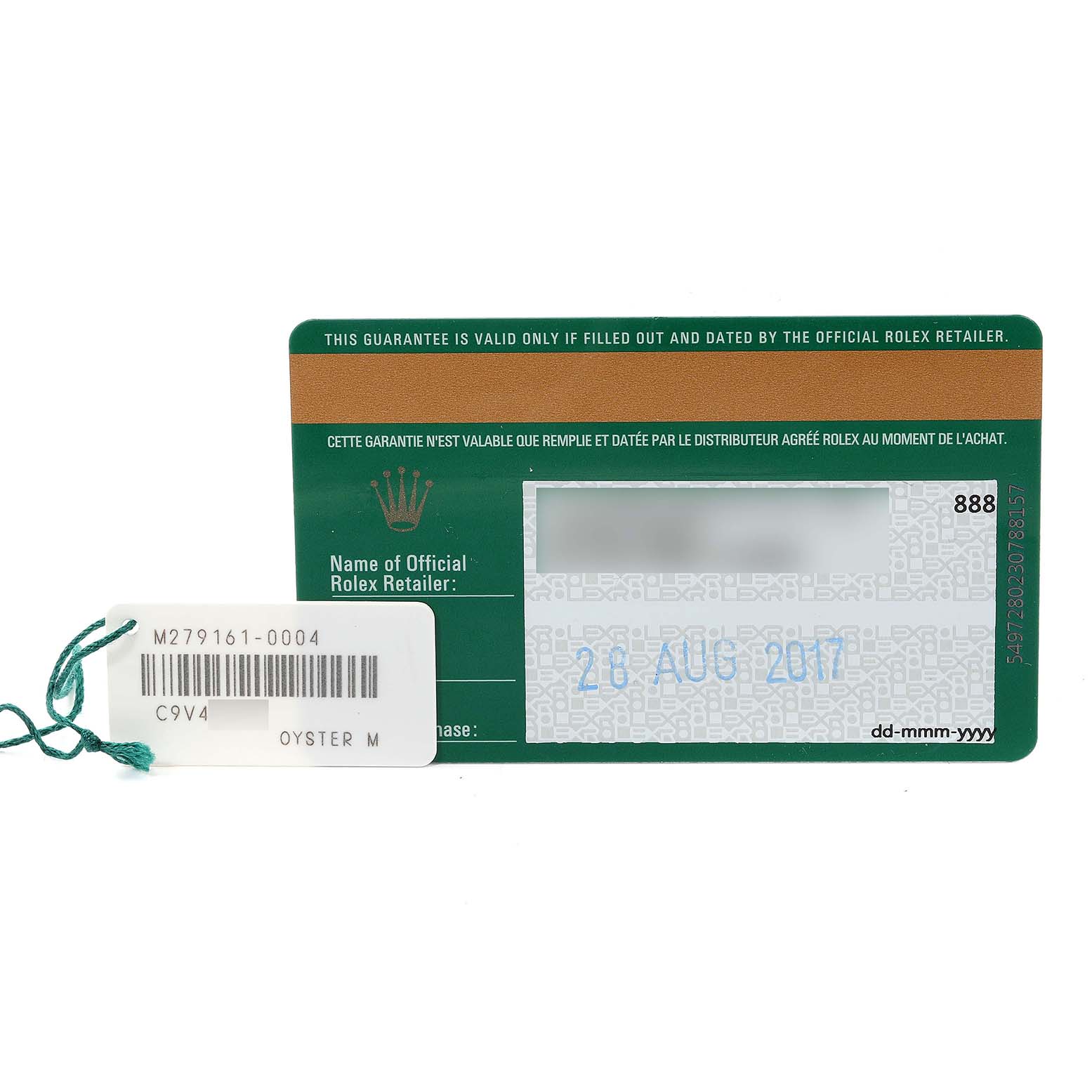 The image shows a Rolex Datejust 279161 Women's Steel and Gold (two tone) Brown Dial 279161 Women's Steel and Gold (two tone) Brown Dial model warranty card and the tag with serial numbers and model details.