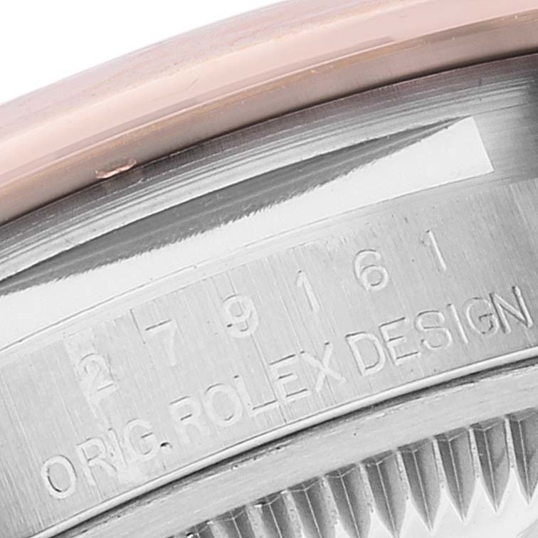 The image shows a close-up of the case side and engraved model number of a Rolex Datejust 279161 Women's Steel and Gold (two tone) Brown Dial 279161 Women's Steel and Gold (two tone) Brown Dial watch.