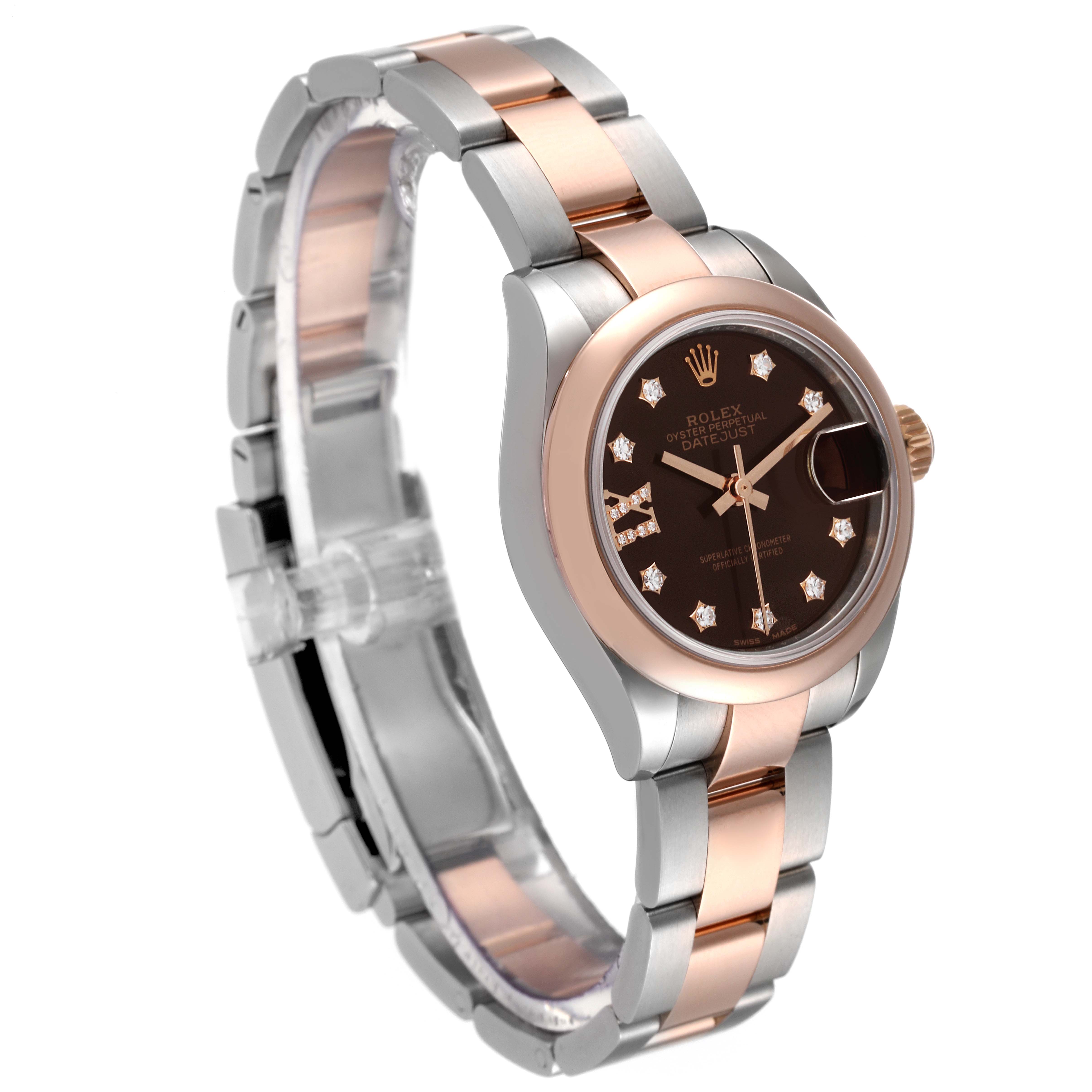 The image shows a Rolex Datejust 279161 Women's Steel and Gold (two tone) Brown Dial 279161 Women's Steel and Gold (two tone) Brown Dial watch at a three-quarter angle, highlighting its dial, bezel, and two-tone bracelet.