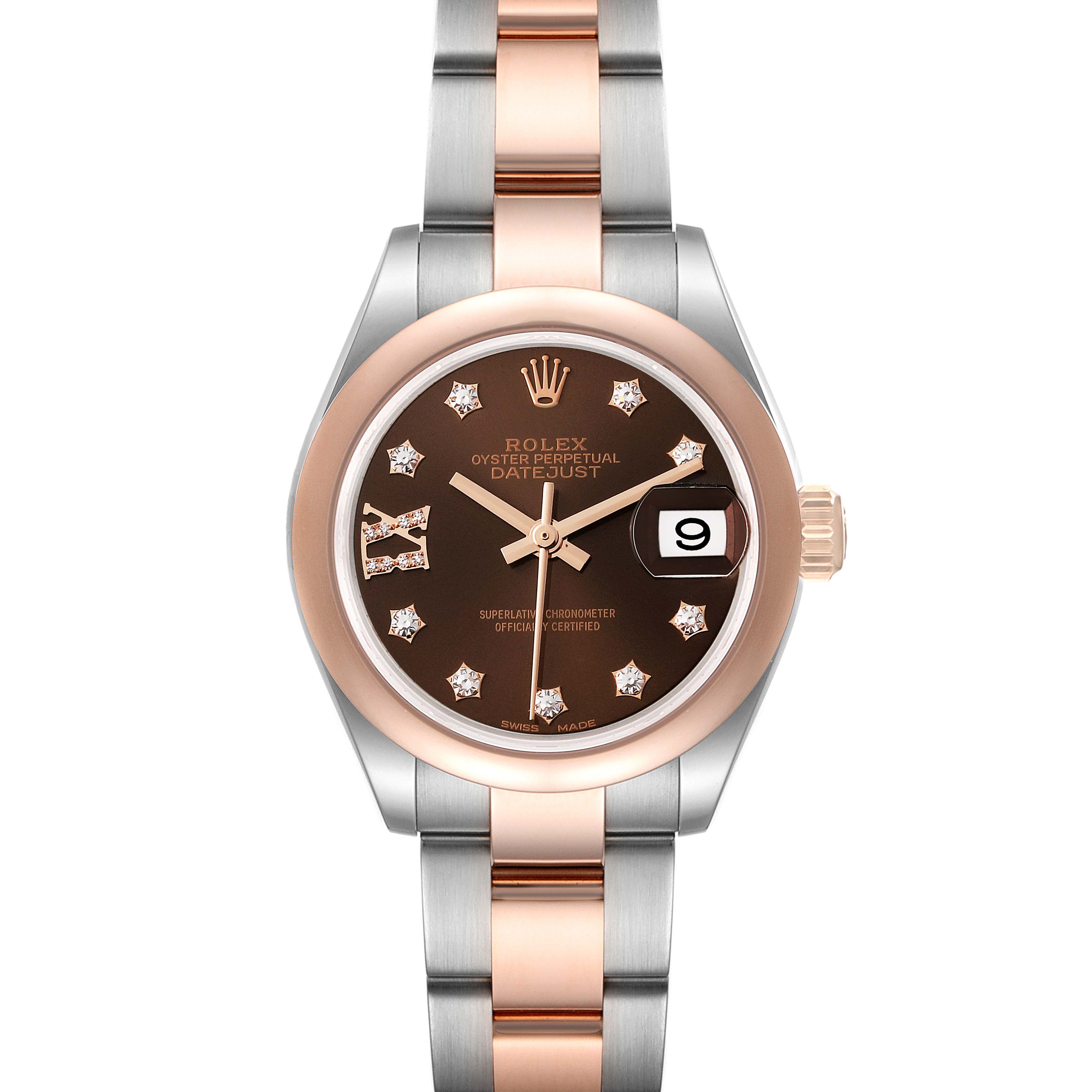 The image shows a front view of the Rolex Datejust 279161 Women's Steel and Gold (two tone) Brown Dial 279161 Women's Steel and Gold (two tone) Brown Dial watch, highlighting the face, bezel, and bracelet.