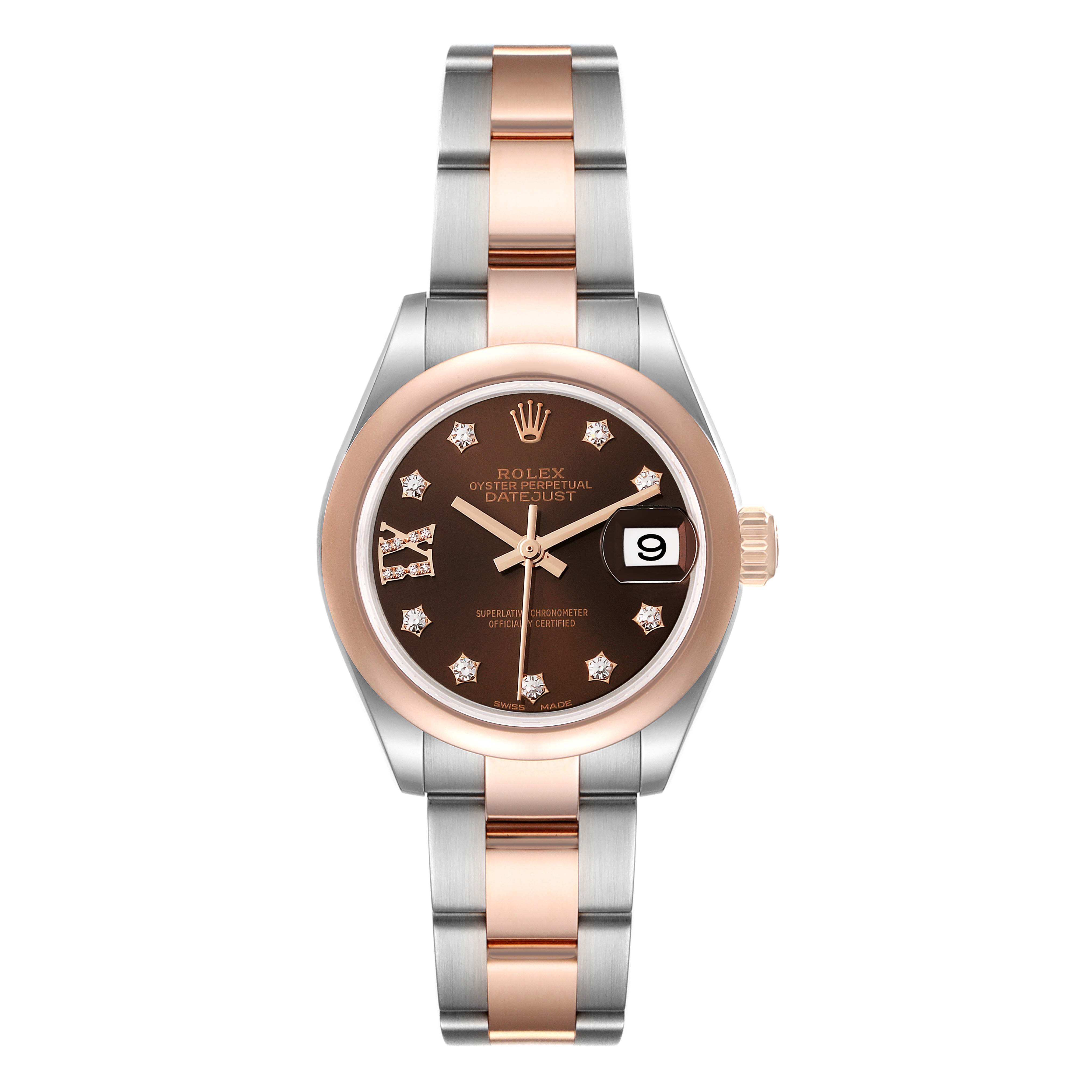 The image shows a front view of a Rolex Datejust 279161 Women's Steel and Gold (two tone) Brown Dial 279161 Women's Steel and Gold (two tone) Brown Dial watch, featuring a two-tone bracelet and a dark dial with diamond hour markers.