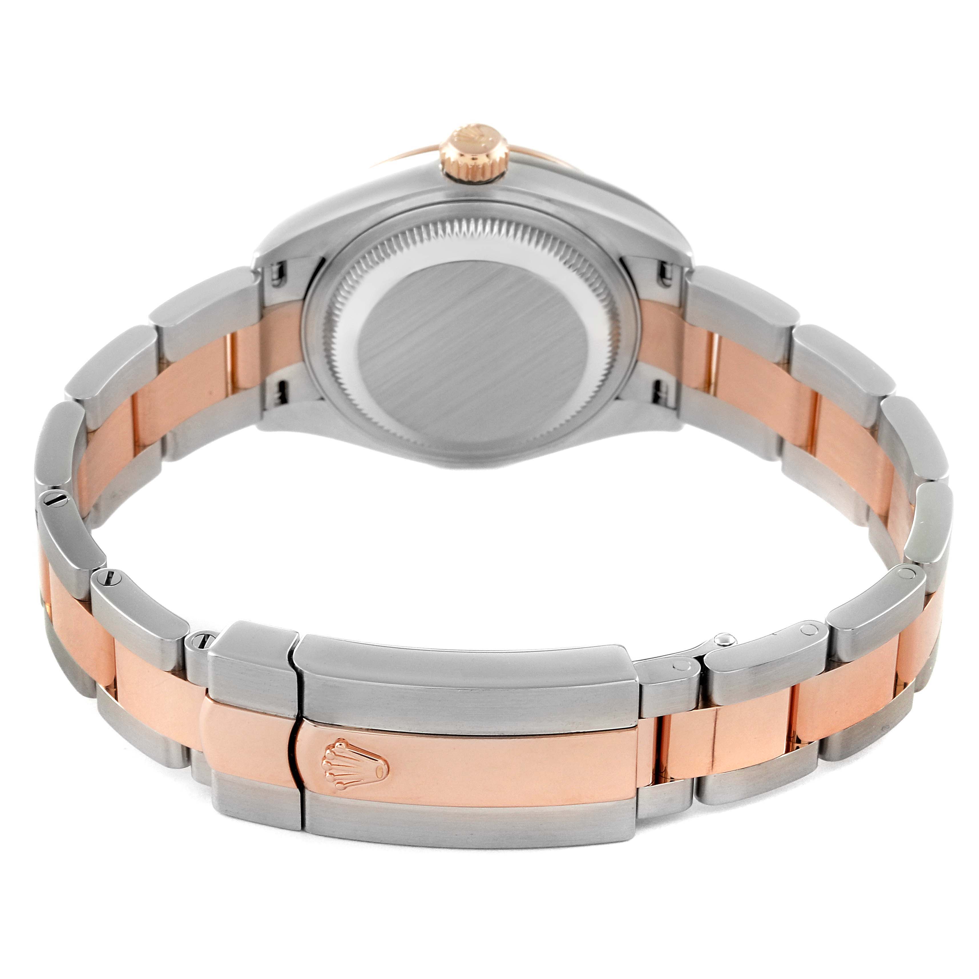 The image shows the back view of a Rolex Datejust 279161 Women's Steel and Gold (two tone) Brown Dial 279161 Women's Steel and Gold (two tone) Brown Dial watch, highlighting its bracelet and clasp.