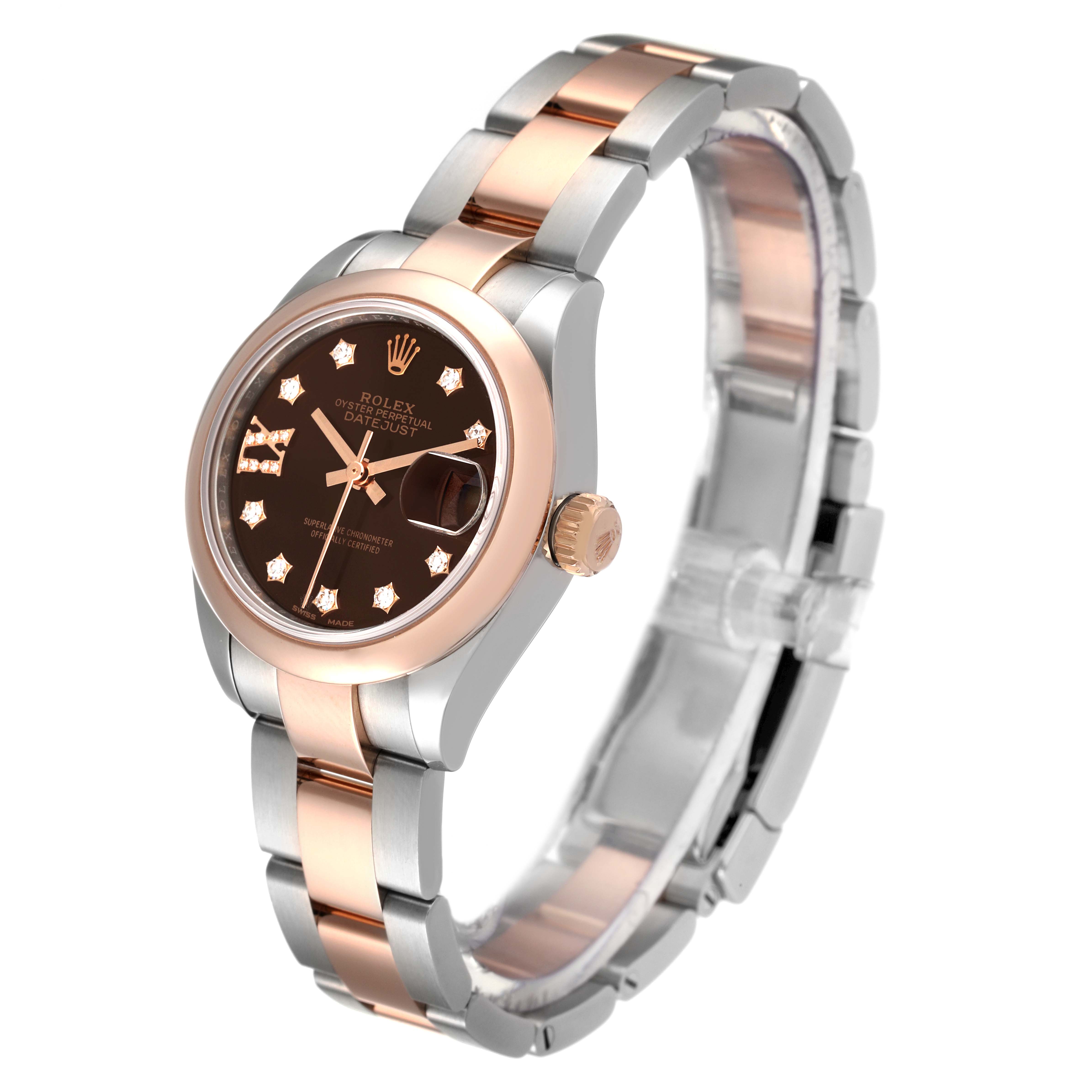 This image shows a Rolex Datejust 279161 Women's Steel and Gold (two tone) Brown Dial 279161 Women's Steel and Gold (two tone) Brown Dial watch at a three-quarter angle, highlighting its dial, bezel, crown, and bracelet.