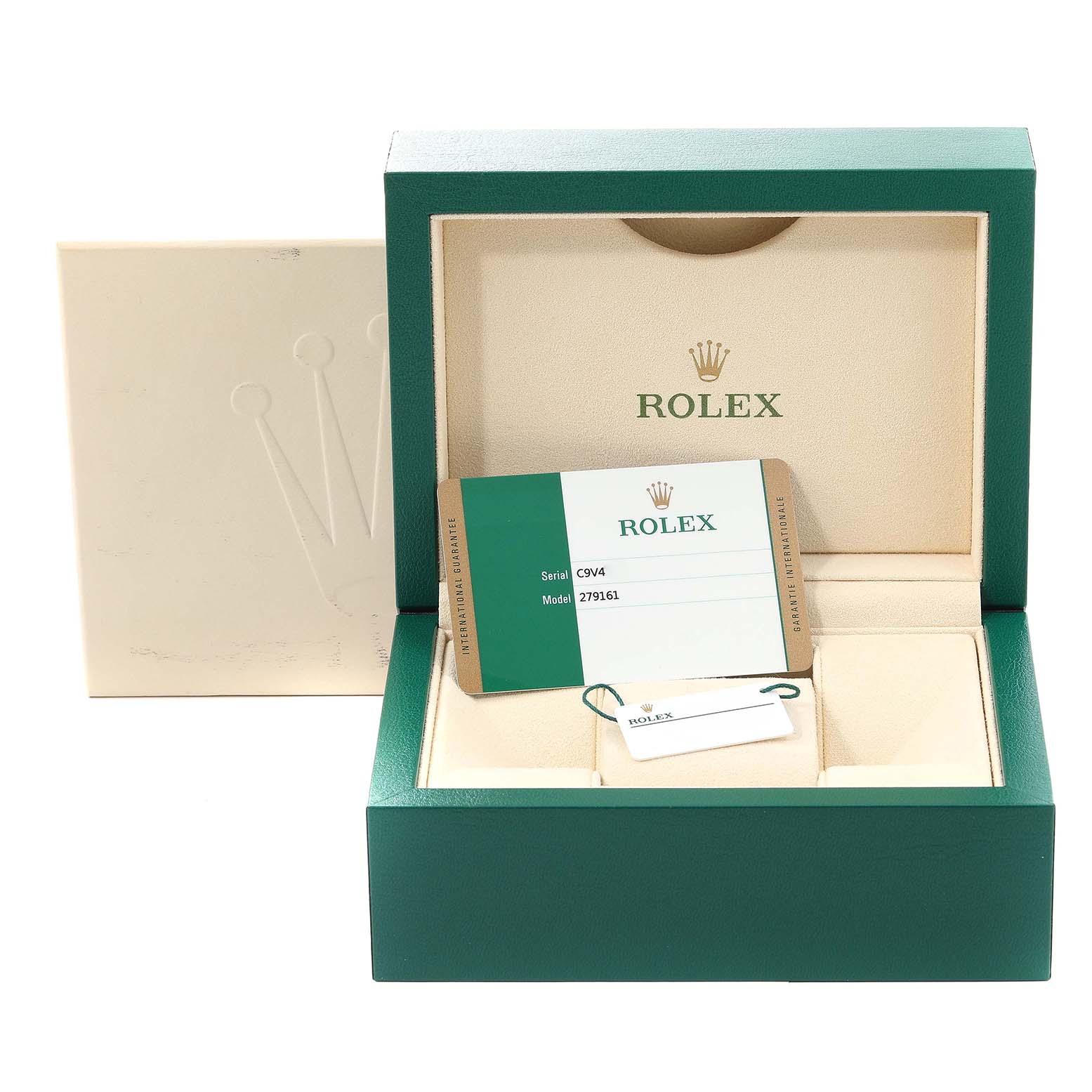 The image shows the packaging and accessories for a Rolex Datejust 279161 Women's Steel and Gold (two tone) Brown Dial 279161 Women's Steel and Gold (two tone) Brown Dial, including the box, papers, and tags.
