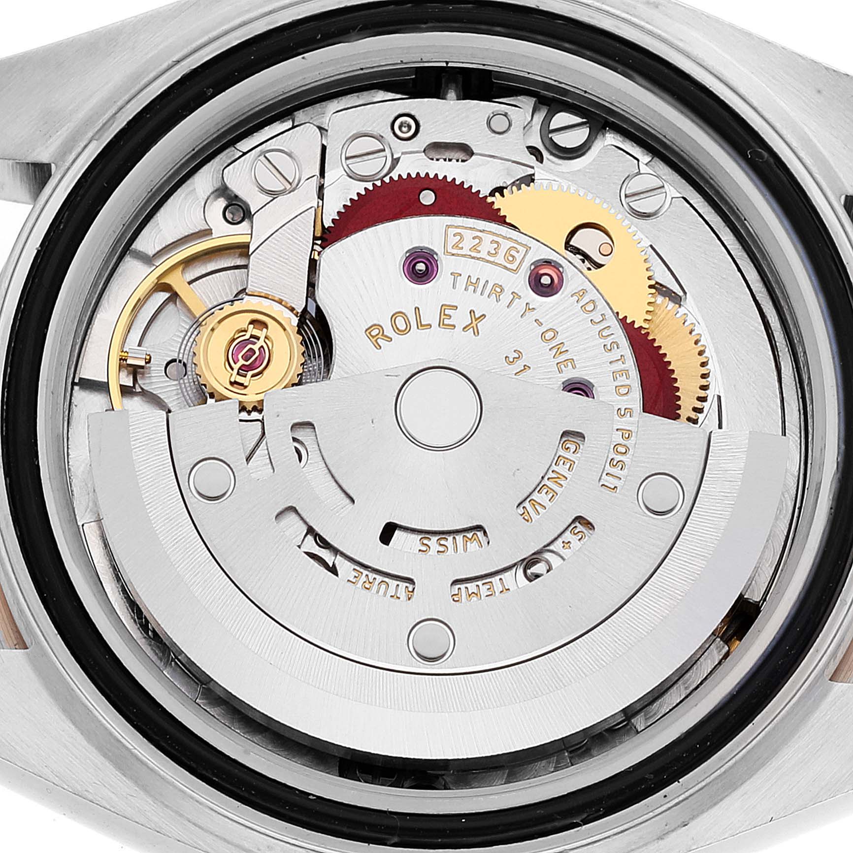 The image shows the internal movement mechanism of a Rolex Datejust 279161 Women's Steel and Gold (two tone) Brown Dial 279161 Women's Steel and Gold (two tone) Brown Dial watch viewed from the back case.