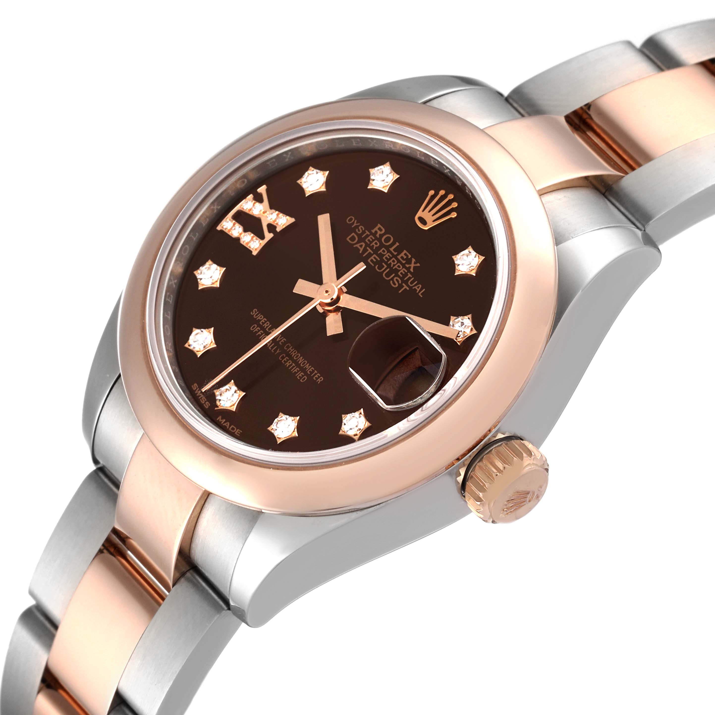 The image shows a side-angle view of the Rolex Datejust 279161 Women's Steel and Gold (two tone) Brown Dial 279161 Women's Steel and Gold (two tone) Brown Dial watch, featuring its dial, bezel, crown, and part of the bracelet.