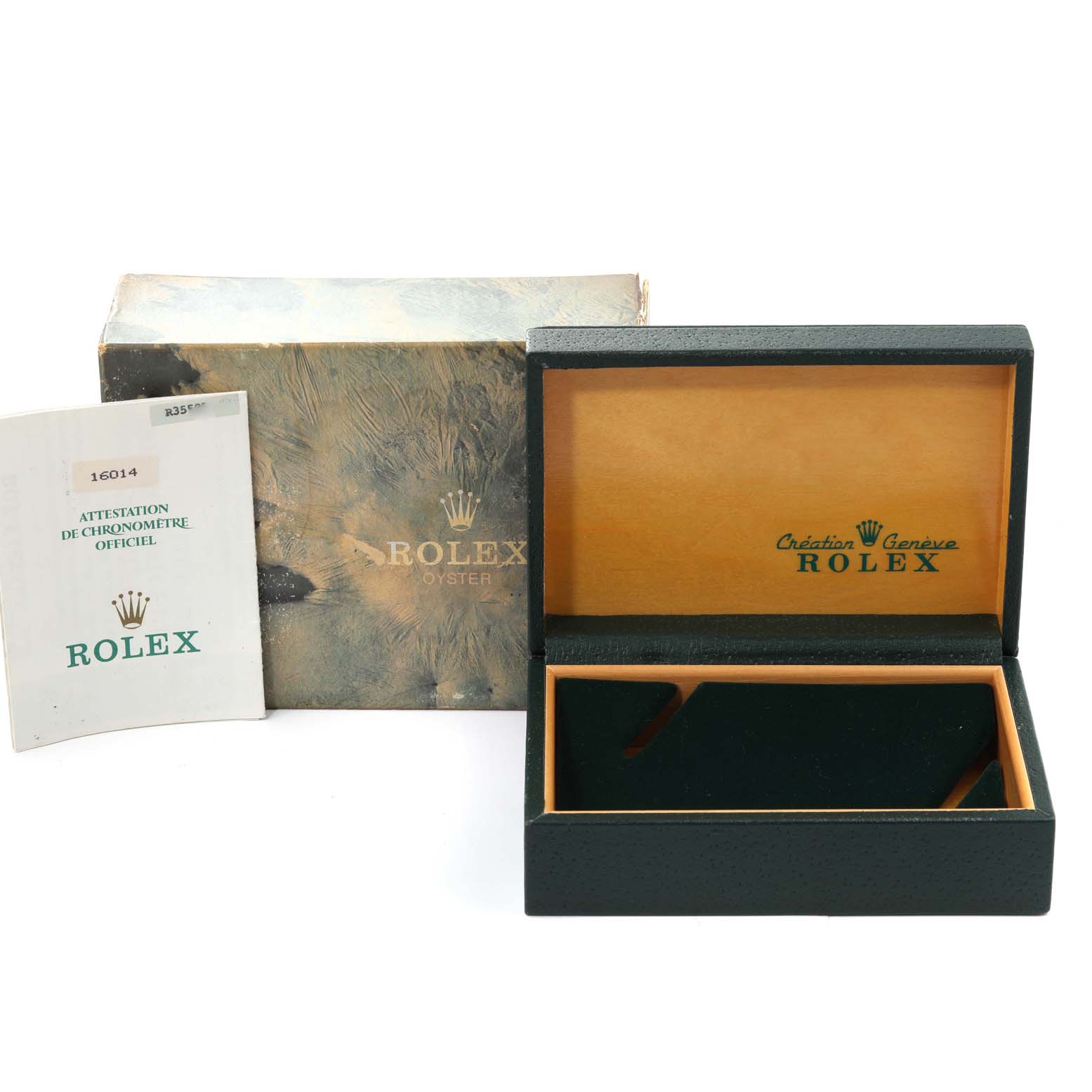 This image shows the packaging elements of a Rolex Vintage Collection 16014 Men
s Stainless Steel Silver Dial 16014 Men
s Stainless Steel Silver Dial watch, including the box, inner case, and paperwork.