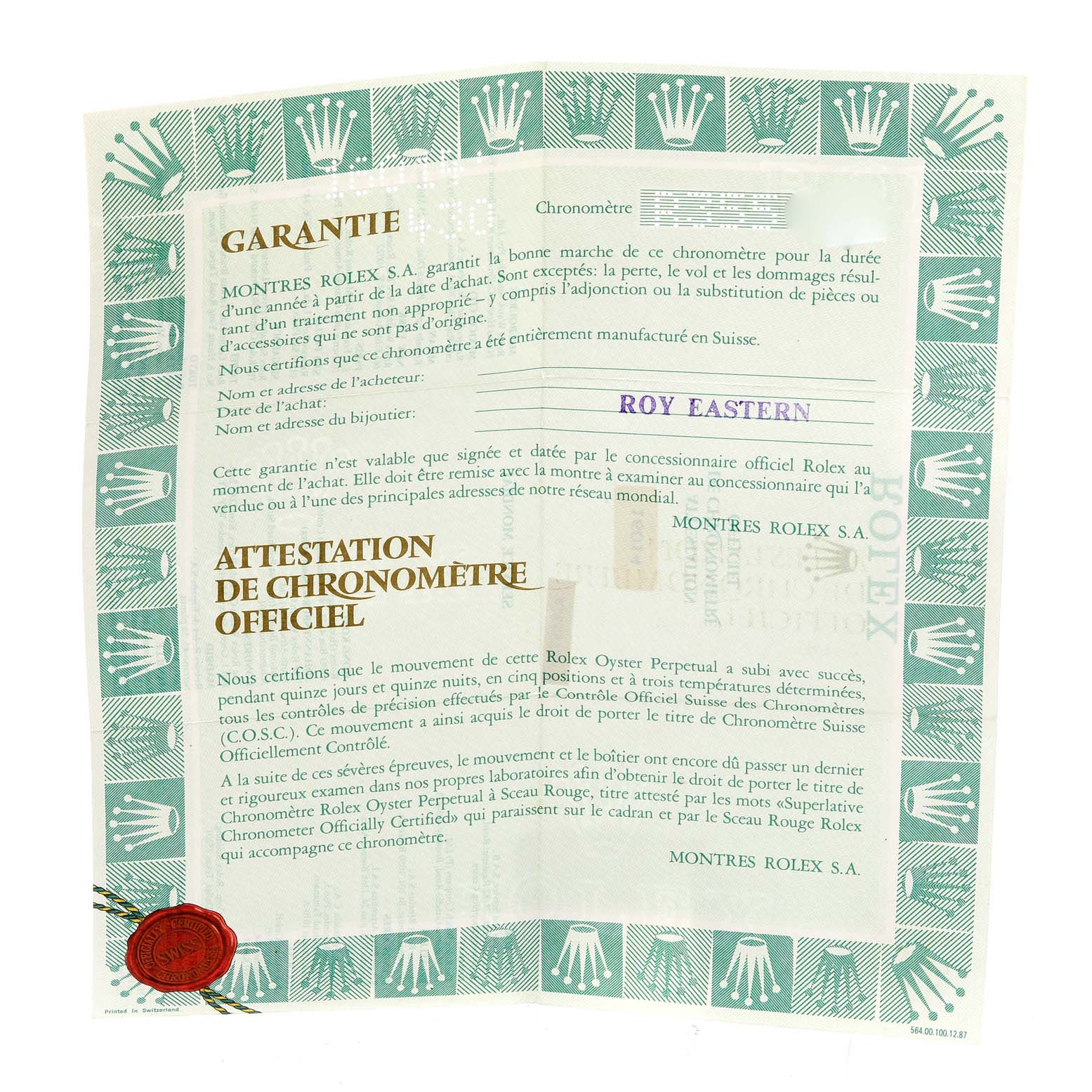 This shows a warranty card and chronometer certificate for the Rolex Vintage Collection 16014 Men
s Stainless Steel Silver Dial 16014 Men
s Stainless Steel Silver Dial model.