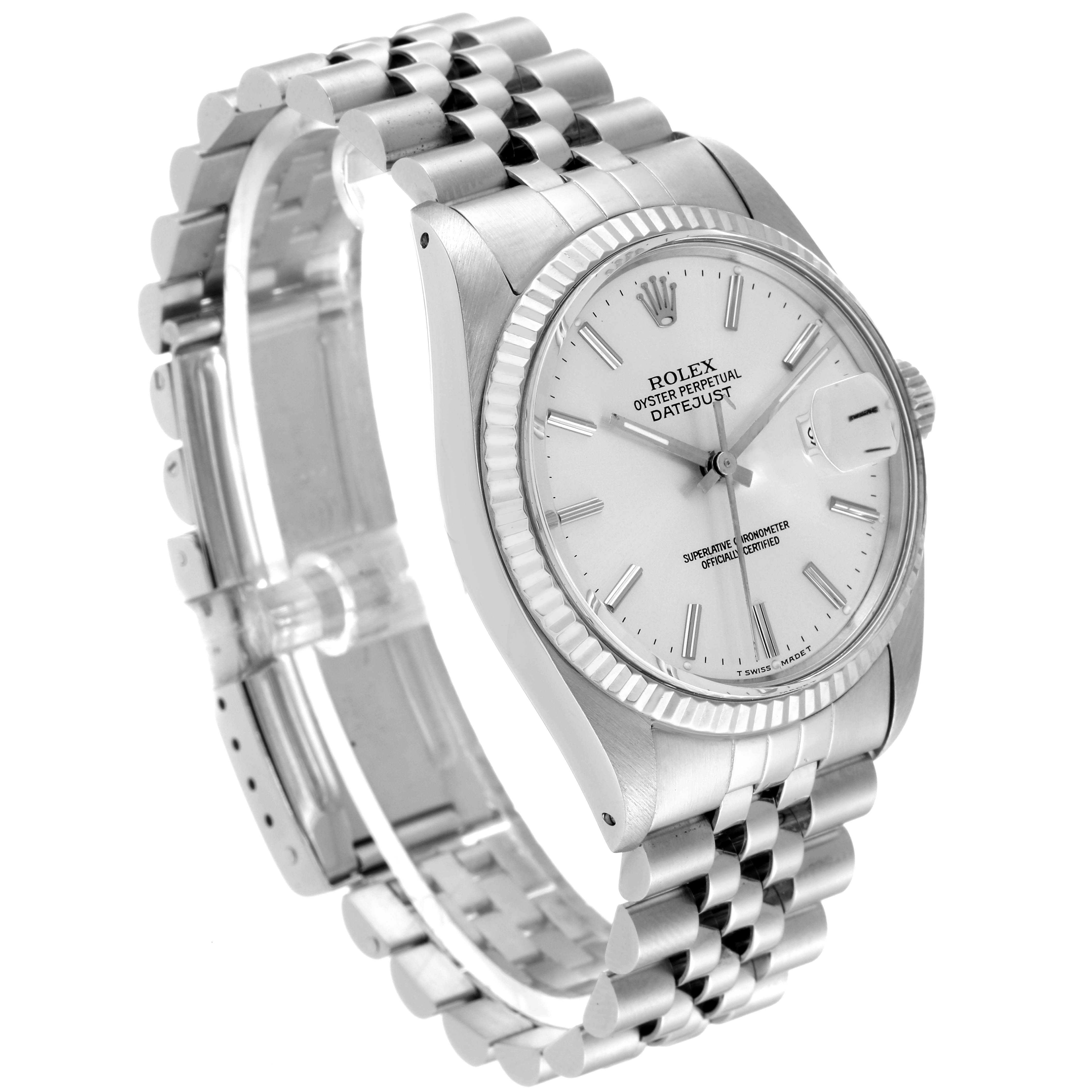 The image shows a Rolex Vintage Collection 16014 Men
s Stainless Steel Silver Dial 16014 Men
s Stainless Steel Silver Dial watch, angled to display the face and stainless steel bracelet.