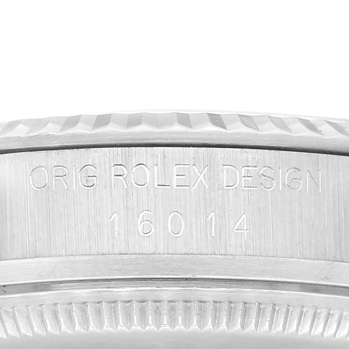 This image shows a close-up of the side of the Rolex Vintage Collection 16014 Men
s Stainless Steel Silver Dial 16014 Men
s Stainless Steel Silver Dial model, displaying its design number 16014.