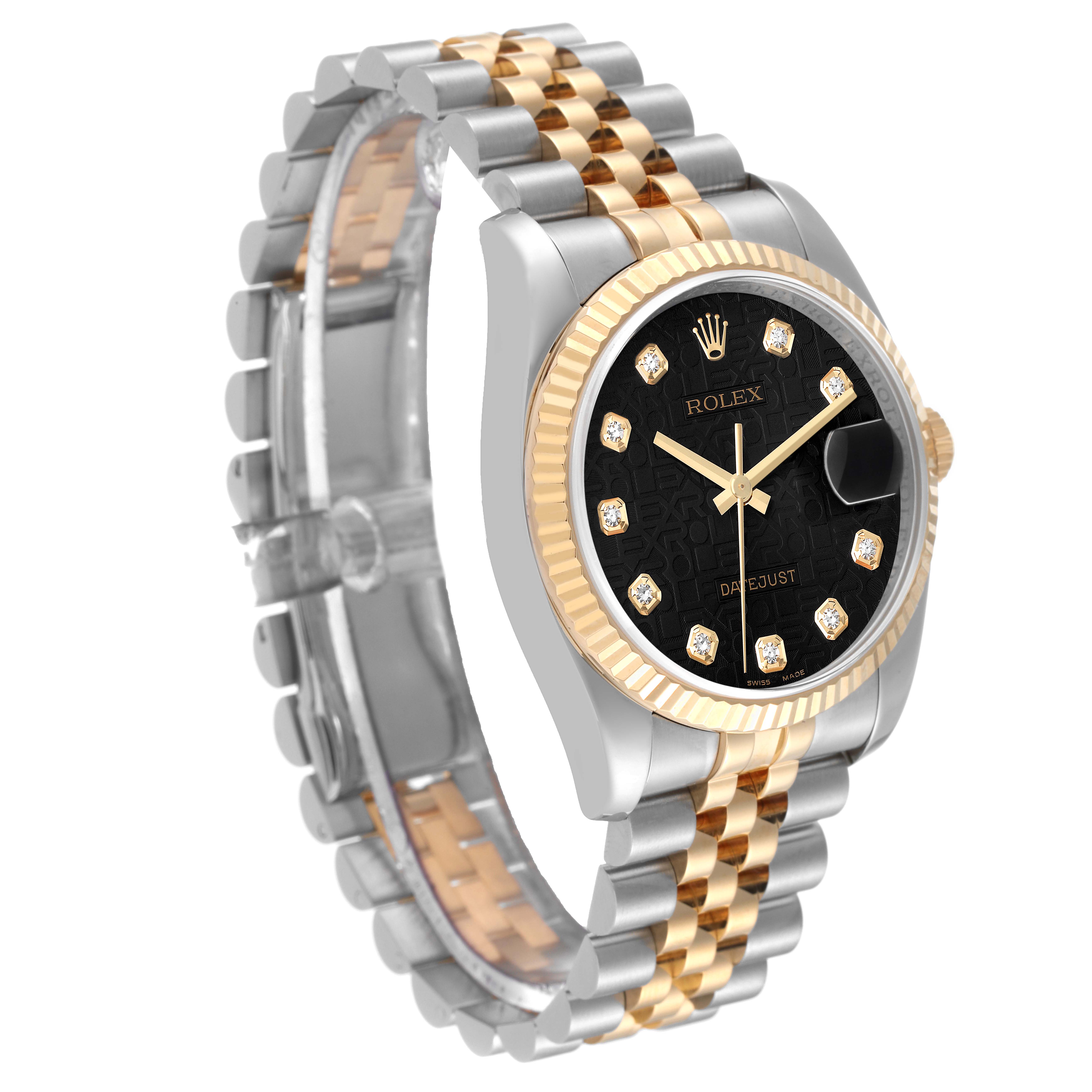 The image shows a side angle view of a Rolex Datejust 116233 Men's Steel and Gold (two tone) Black Dial 116233 Men's Steel and Gold (two tone) Black Dial watch, showcasing its two-tone bracelet and black dial with diamond hour markers.