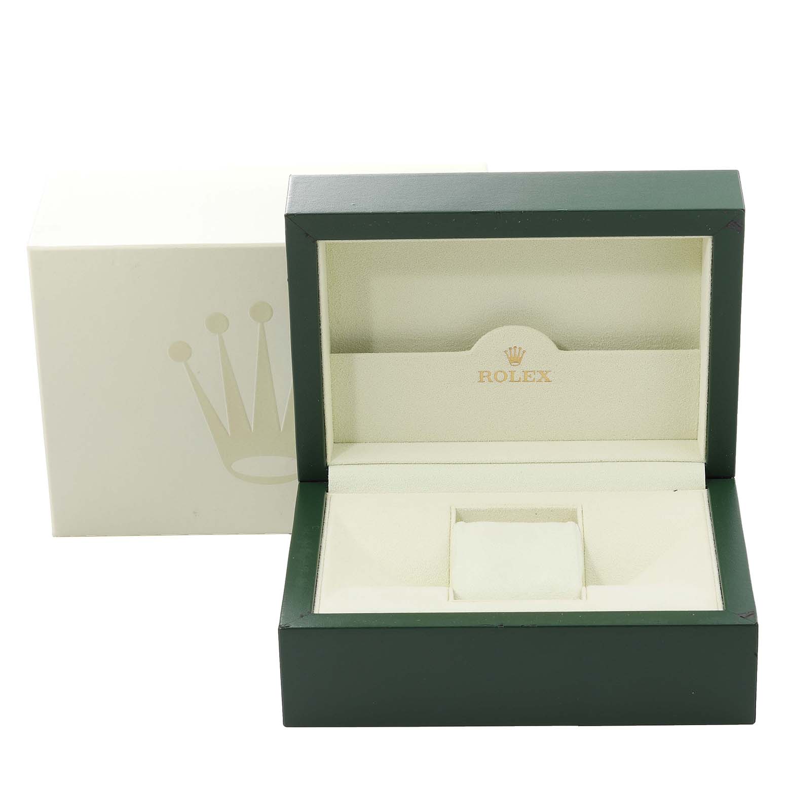 This image shows an empty Rolex Datejust 116233 Men's Steel and Gold (two tone) Black Dial 116233 Men's Steel and Gold (two tone) Black Dial watch box, with its lid open and an exterior sleeve behind it.