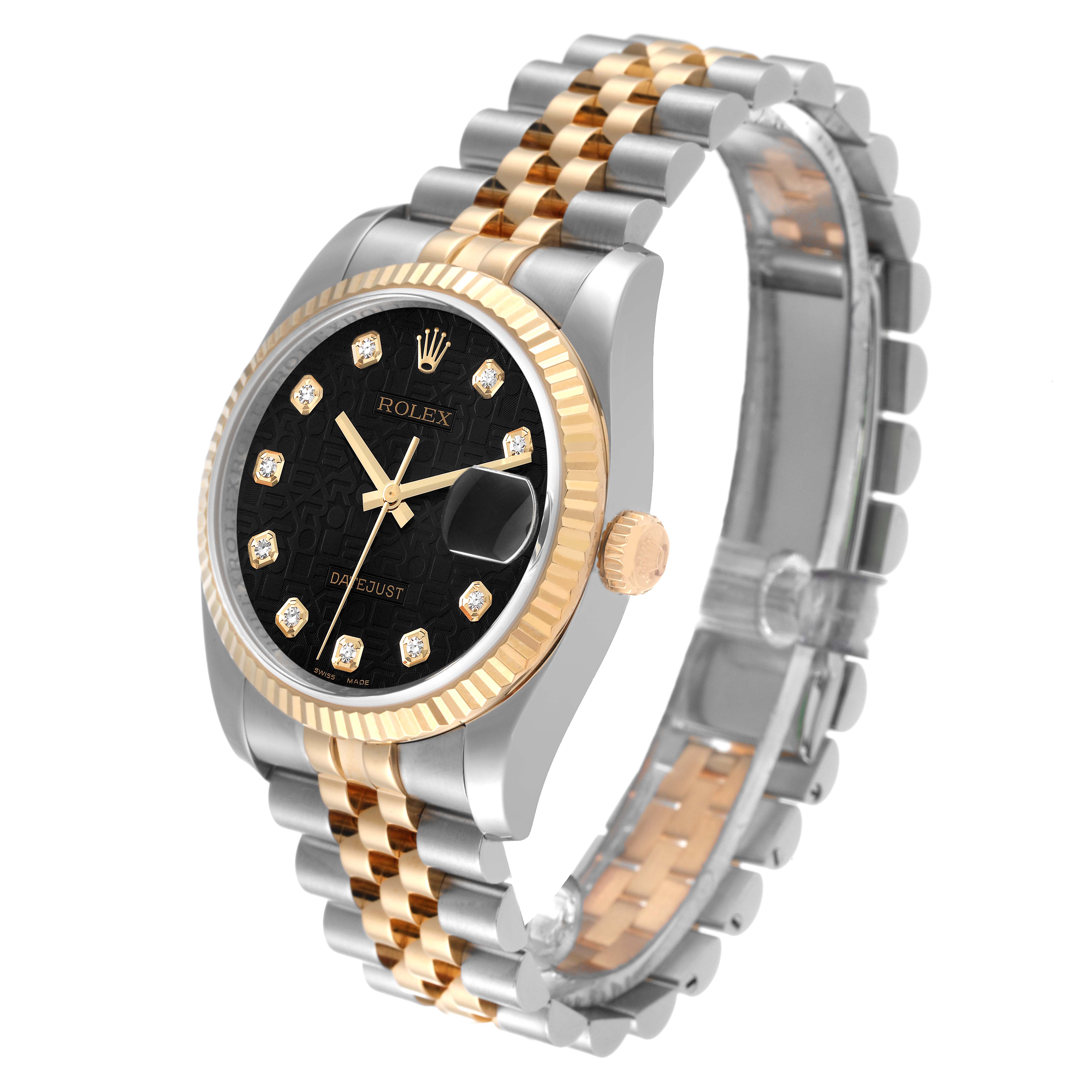 The image shows a Rolex Datejust 116233 Men's Steel and Gold (two tone) Black Dial 116233 Men's Steel and Gold (two tone) Black Dial watch at a three-quarter angle, highlighting its black dial, gold fluted bezel, and two-tone bracelet.