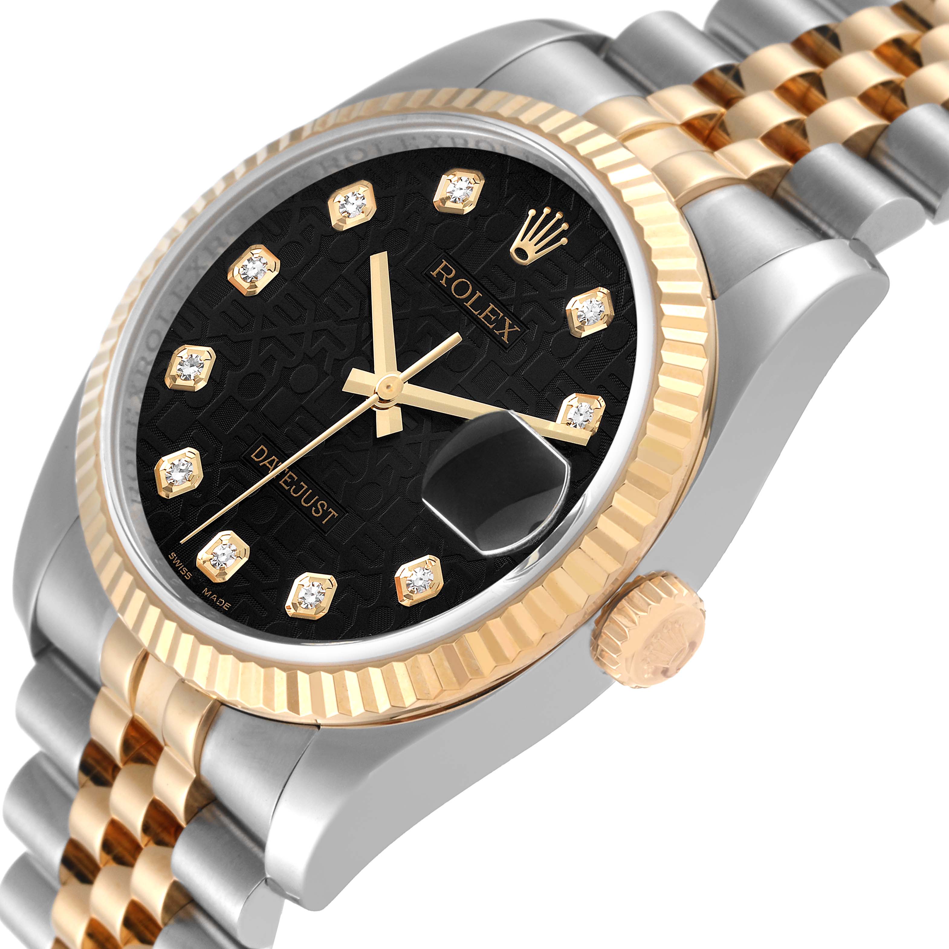 The image shows the face, bezel, crown, and part of the bracelet of a Rolex Datejust 116233 Men's Steel and Gold (two tone) Black Dial 116233 Men's Steel and Gold (two tone) Black Dial watch at an angled close-up.