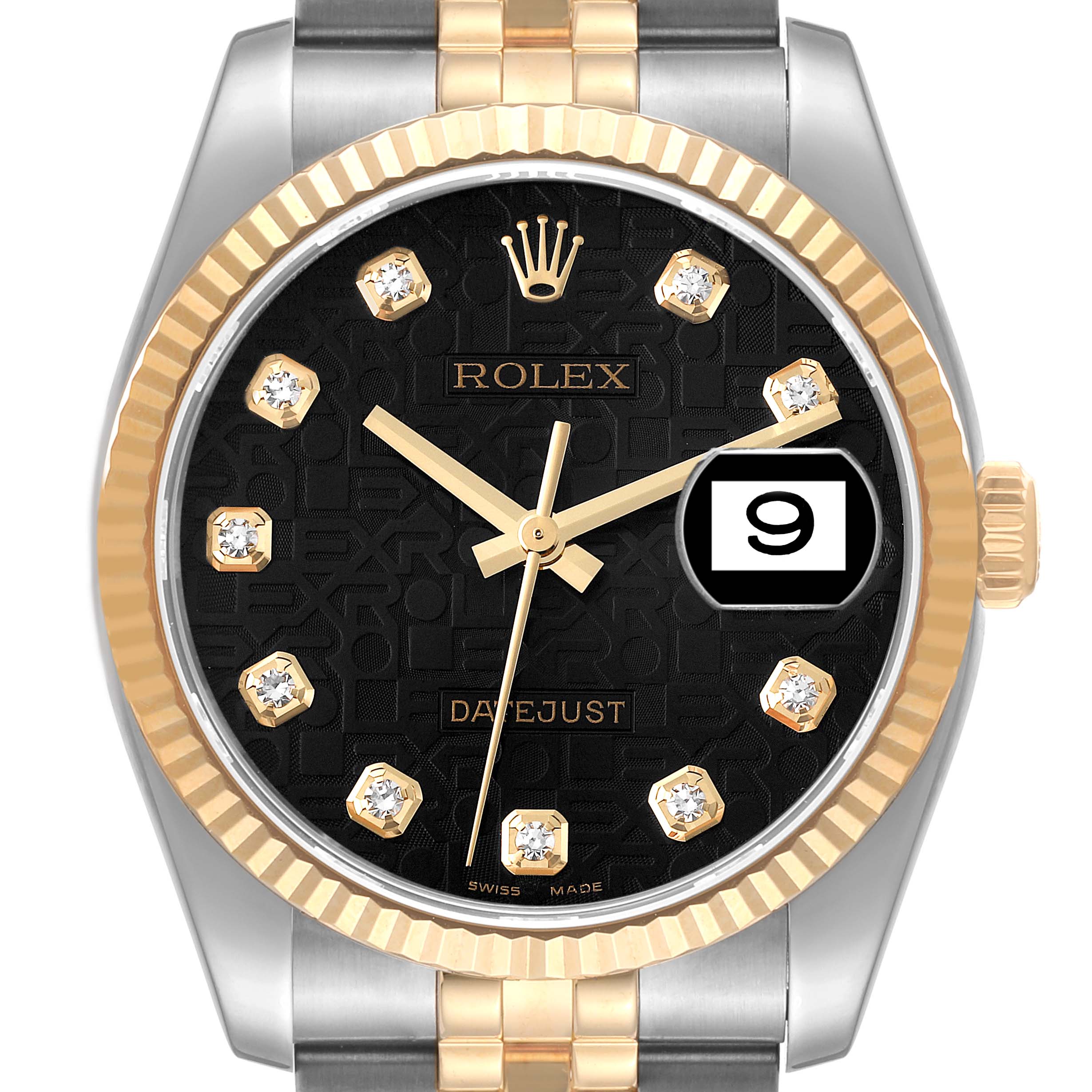 This image shows the face of a Rolex Datejust 116233 Men's Steel and Gold (two tone) Black Dial 116233 Men's Steel and Gold (two tone) Black Dial watch at a straight-on angle, displaying the dial, hands, date, and bezel.