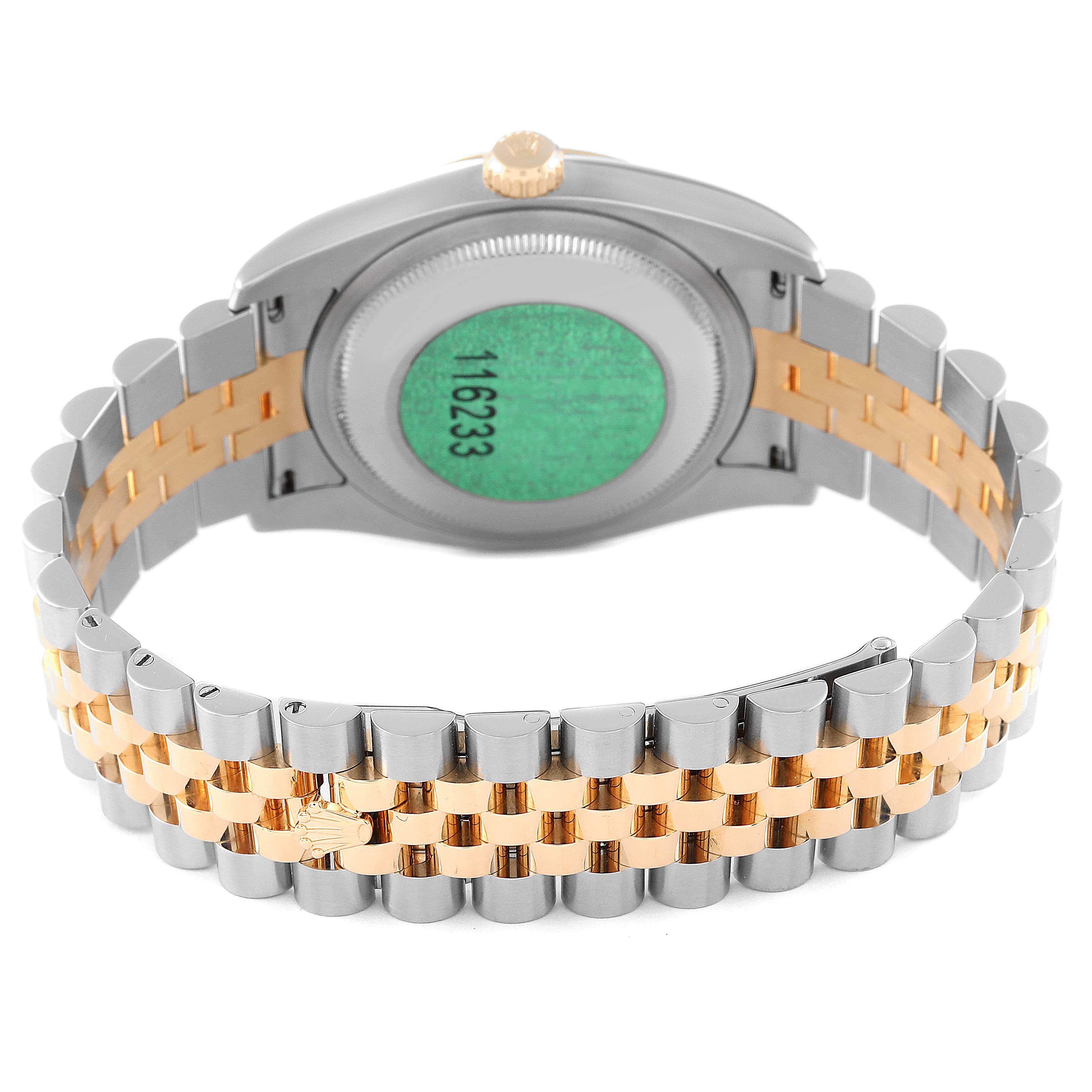 The image shows the back view of a Rolex Datejust 116233 Men's Steel and Gold (two tone) Black Dial 116233 Men's Steel and Gold (two tone) Black Dial watch, highlighting the case back, crown, and two-tone bracelet.