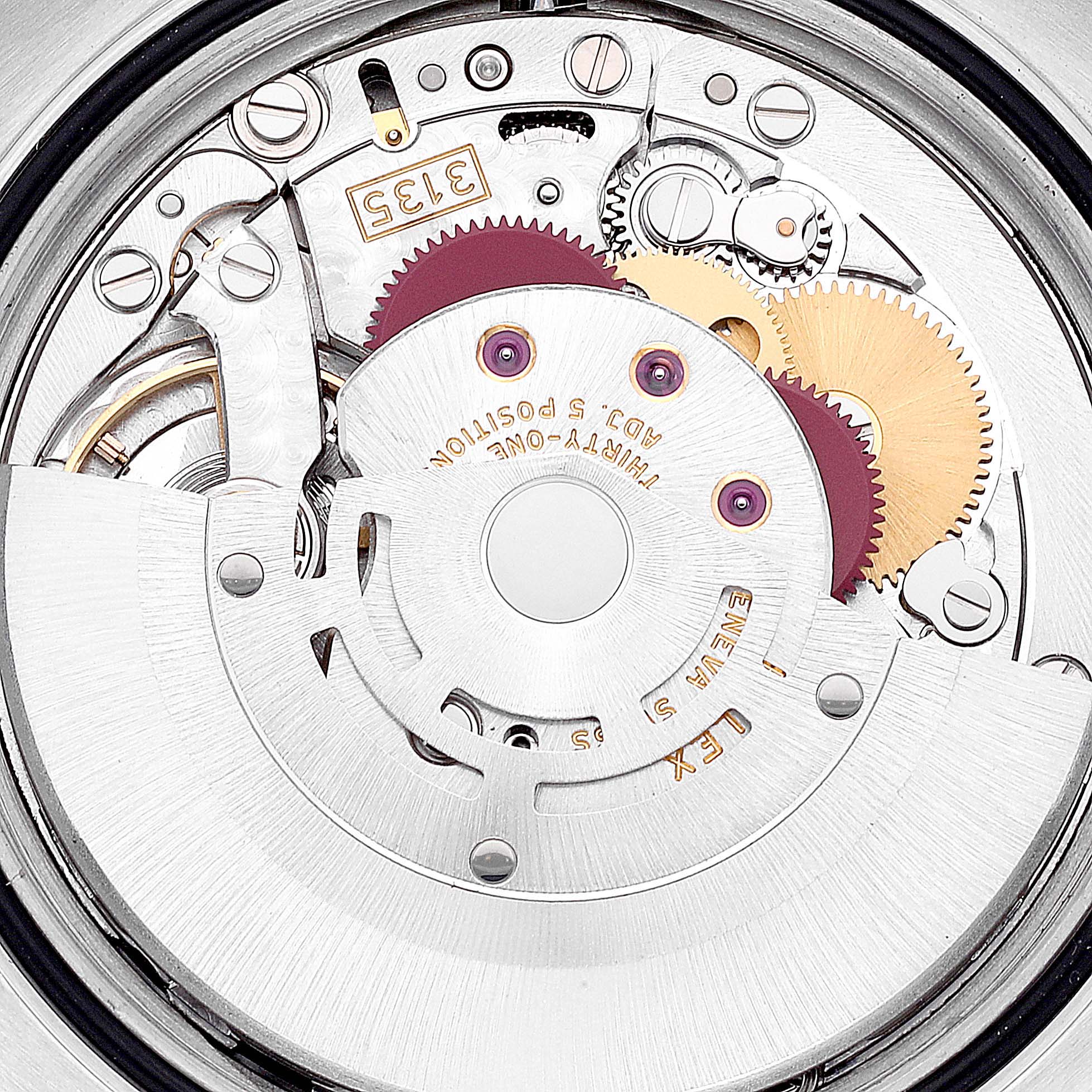 This image shows a close-up view of the internal mechanism of a Rolex Datejust 116233 Men's Steel and Gold (two tone) Black Dial 116233 Men's Steel and Gold (two tone) Black Dial watch.