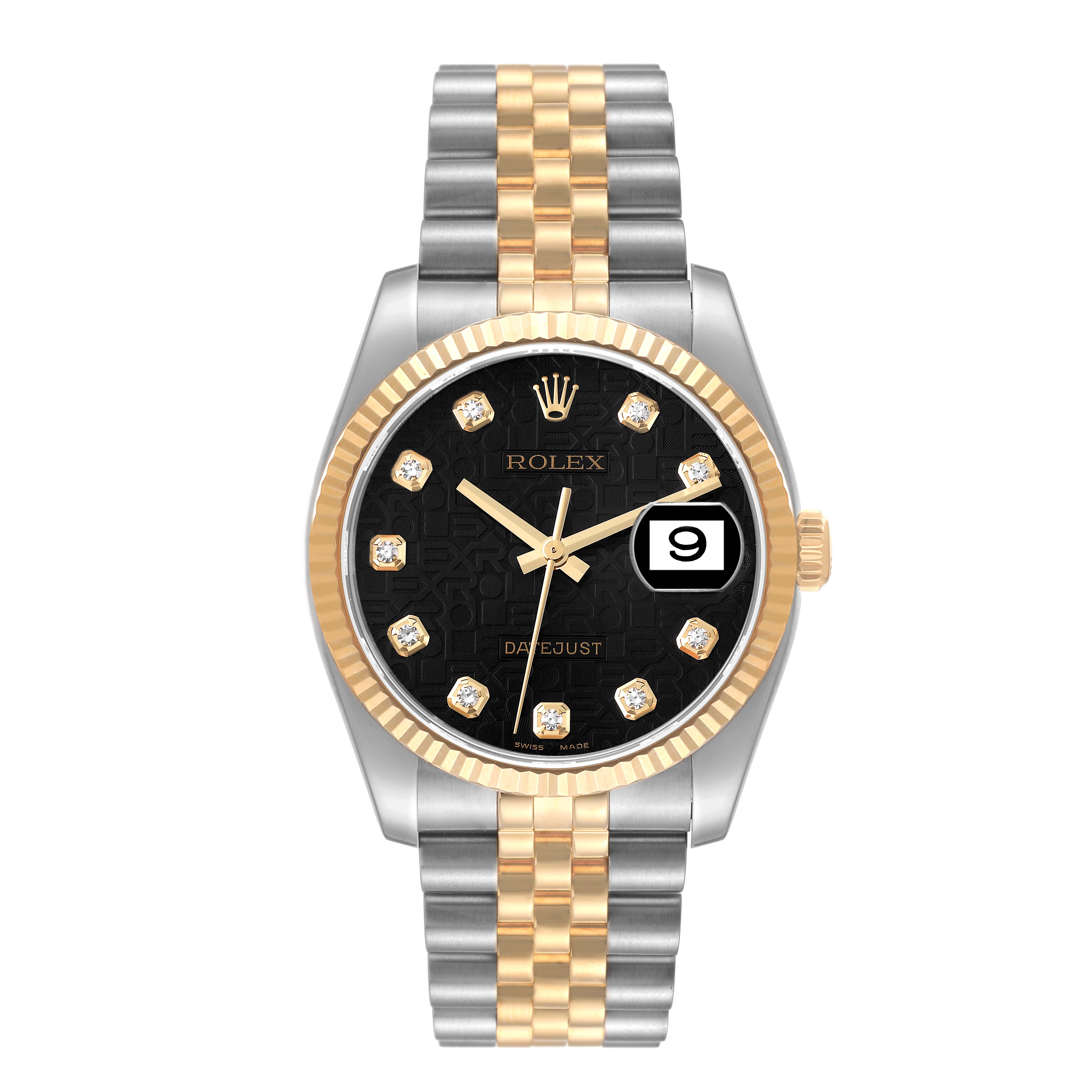 This image shows a Rolex Datejust 116233 Men's Steel and Gold (two tone) Black Dial 116233 Men's Steel and Gold (two tone) Black Dial watch from a front angle, highlighting the dial, bezel, hands, date window, and bracelet.