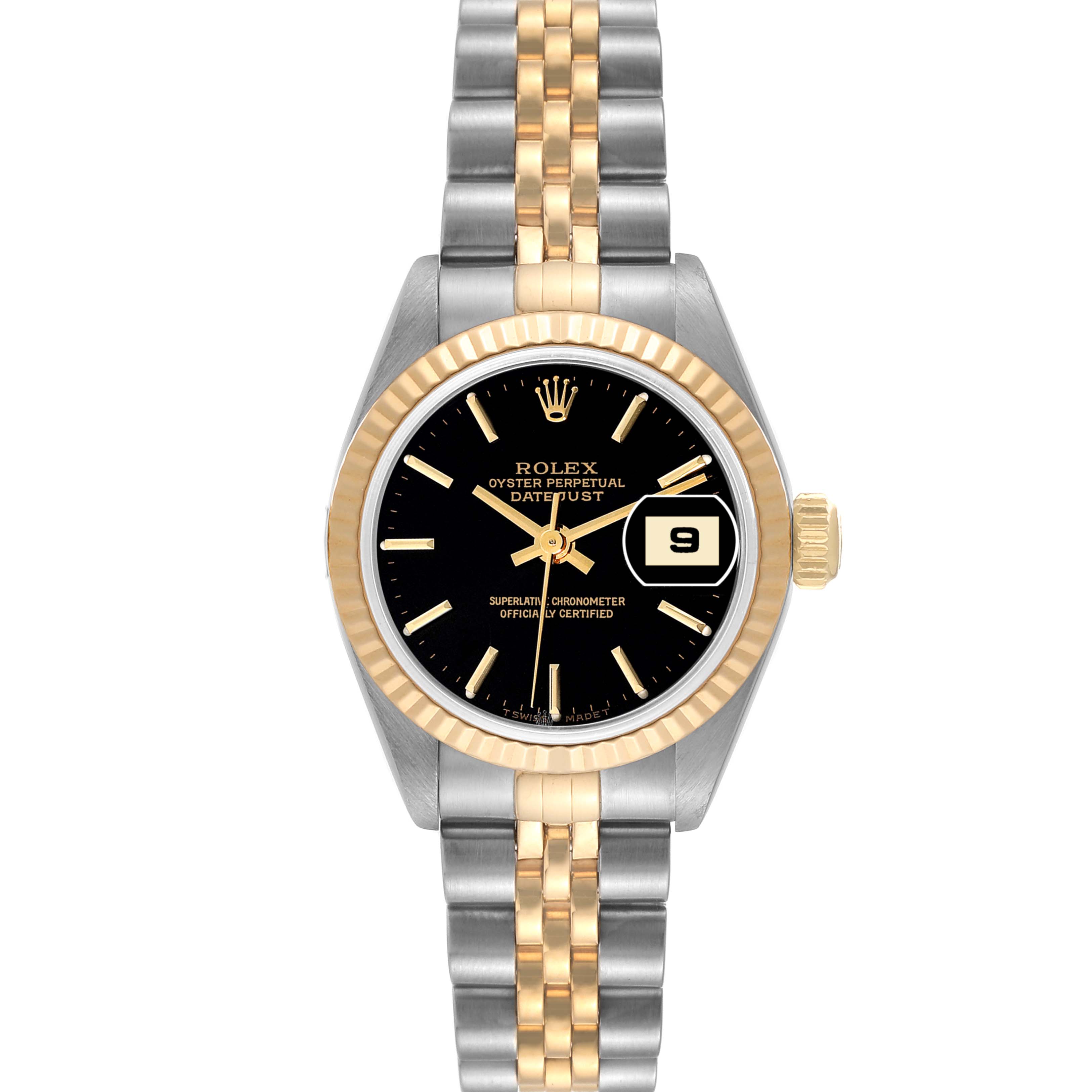 The Rolex Datejust 79173 Women's Steel and Gold (two tone) Black Dial 79173 Women's Steel and Gold (two tone) Black Dial watch is shown from a top-down angle, displaying the face, bezel, crown, and bracelet.