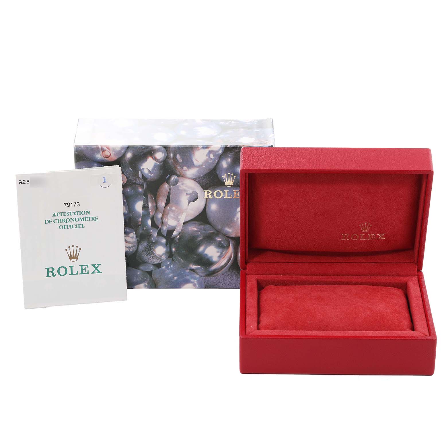 This image shows a Datejust Rolex watch box with its outer packaging and an official chronometer certification booklet.