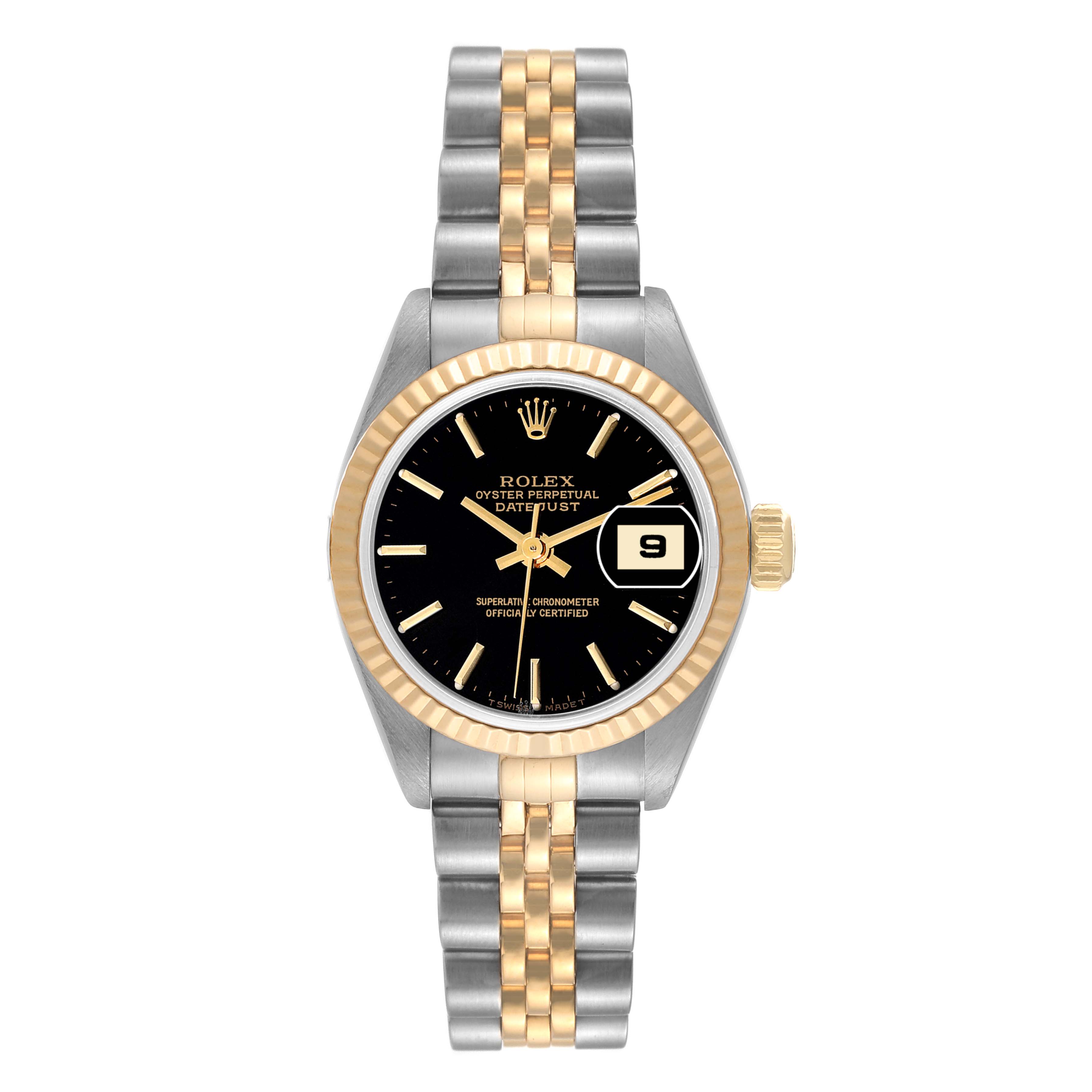 This Rolex Datejust 79173 Women's Steel and Gold (two tone) Black Dial 79173 Women's Steel and Gold (two tone) Black Dial watch is shown from a top-down angle, displaying the face, bezel, crown, and two-tone bracelet.