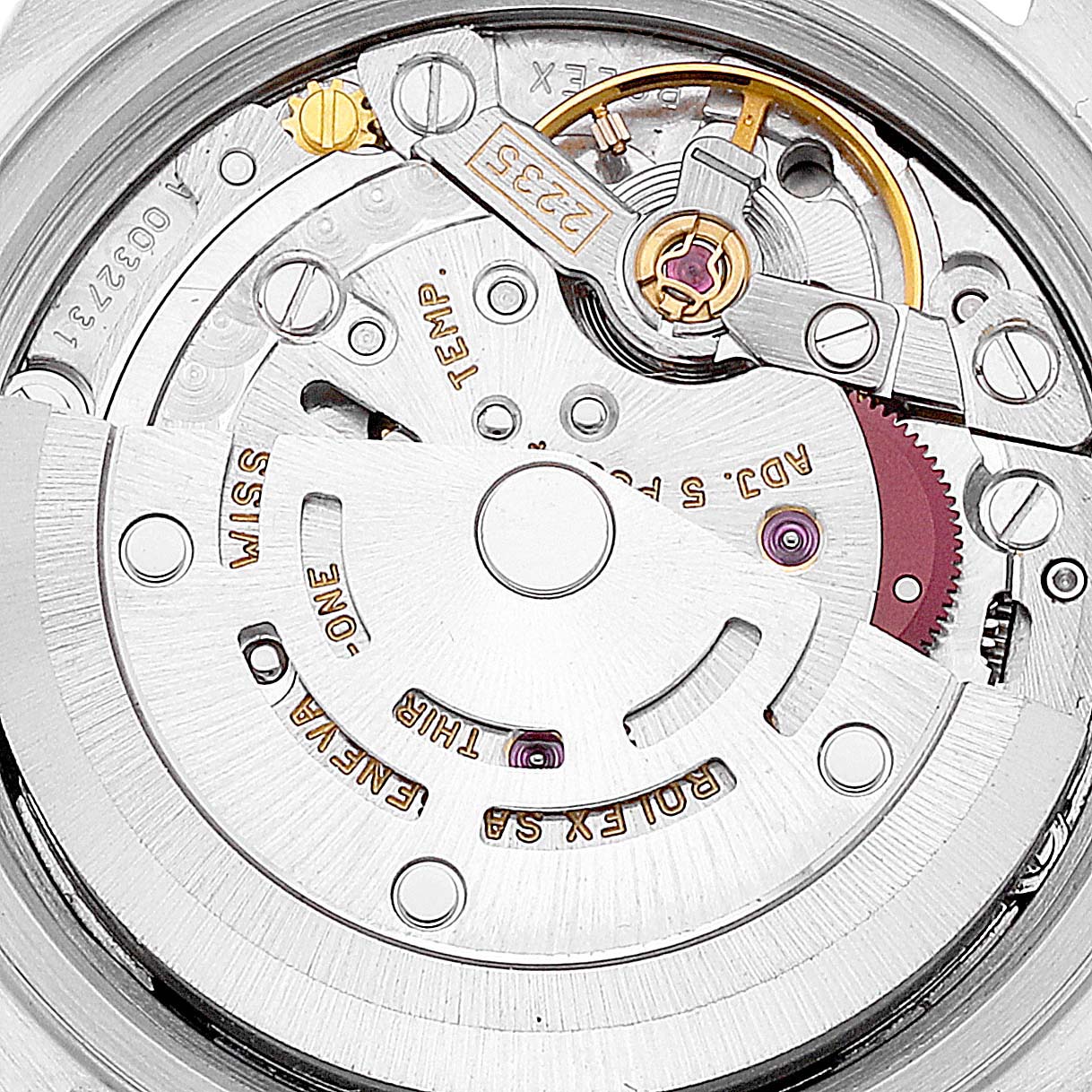 The image shows a close-up view of the movement mechanism of the Rolex Datejust 79173 Women's Steel and Gold (two tone) Black Dial 79173 Women's Steel and Gold (two tone) Black Dial model.