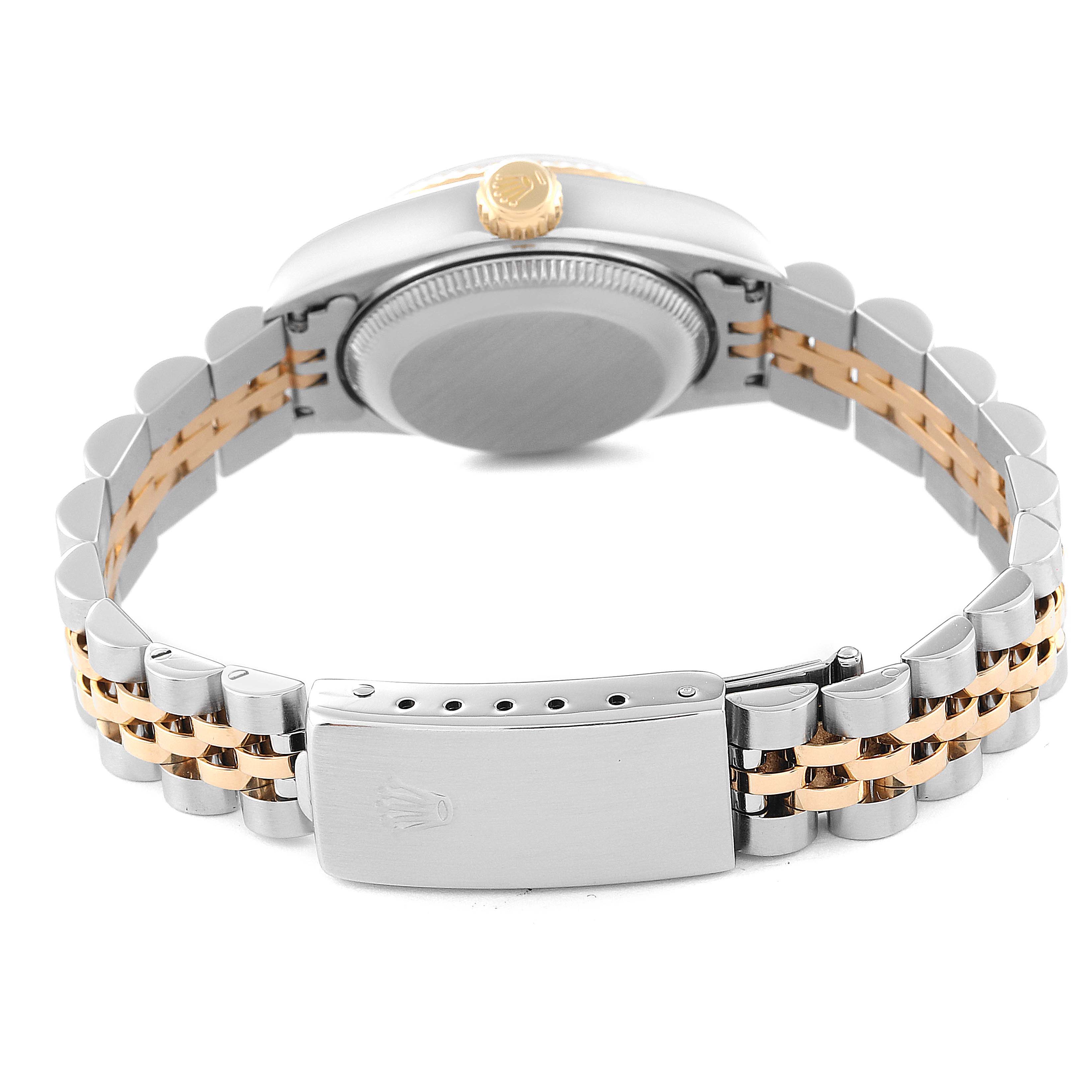 The image shows the back and clasp of a Rolex Datejust 79173 Women's Steel and Gold (two tone) Black Dial 79173 Women's Steel and Gold (two tone) Black Dial model watch, displayed from a low rear angle.