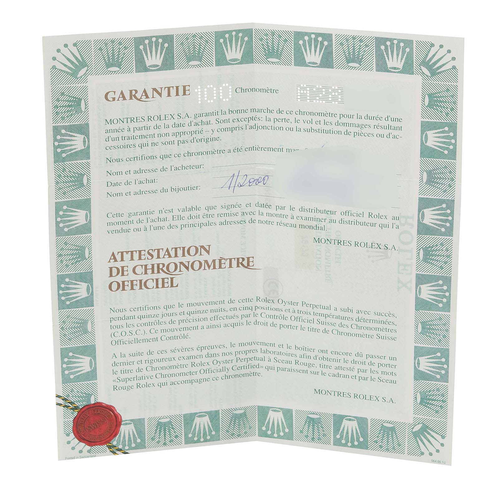 This image shows the warranty and official chronometer certification documents for a Rolex Datejust 79173 Women's Steel and Gold (two tone) Black Dial 79173 Women's Steel and Gold (two tone) Black Dial model watch.