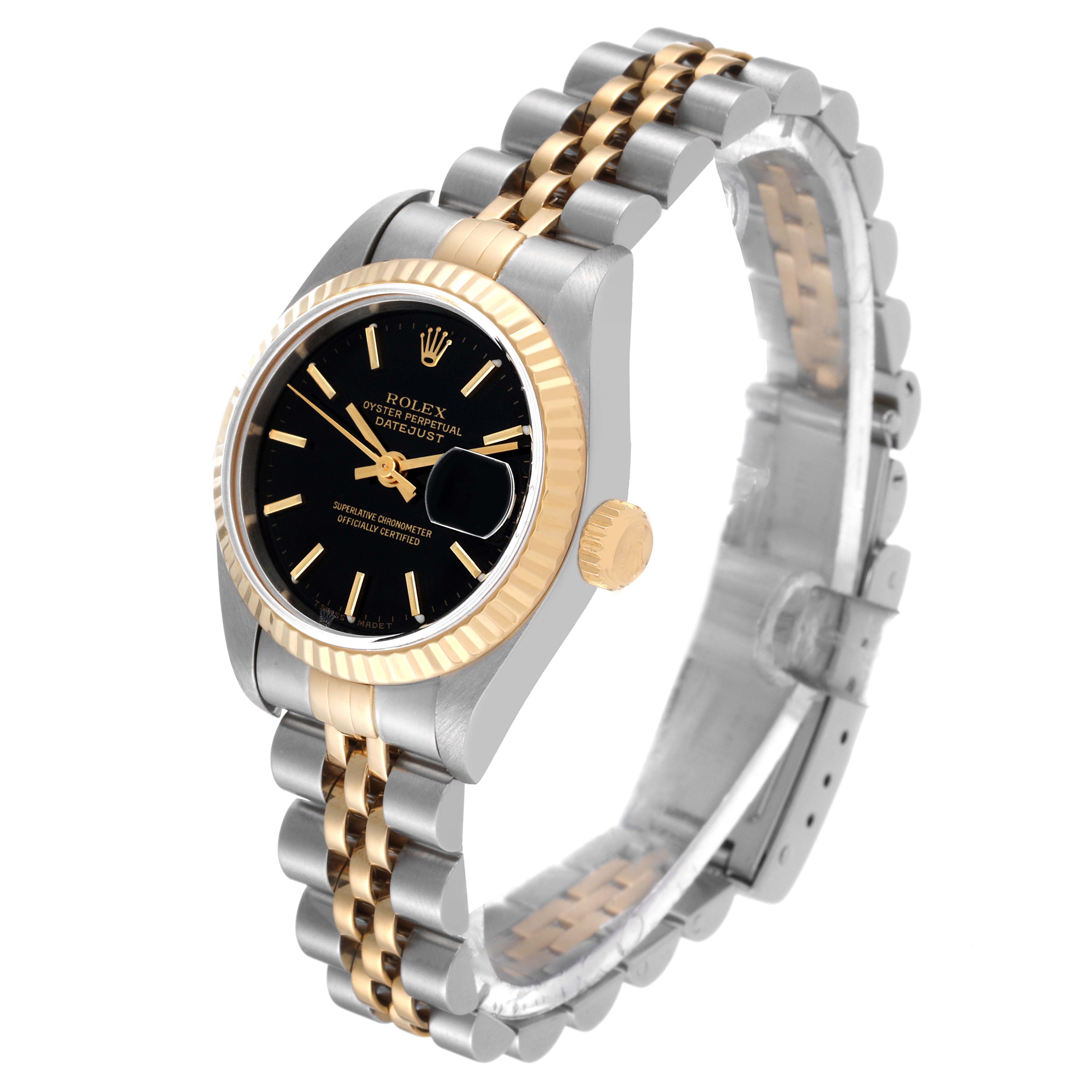 The Rolex Datejust 79173 Women's Steel and Gold (two tone) Black Dial 79173 Women's Steel and Gold (two tone) Black Dial watch is shown from a three-quarter angle, displaying its black dial, gold fluted bezel, and two-tone bracelet.