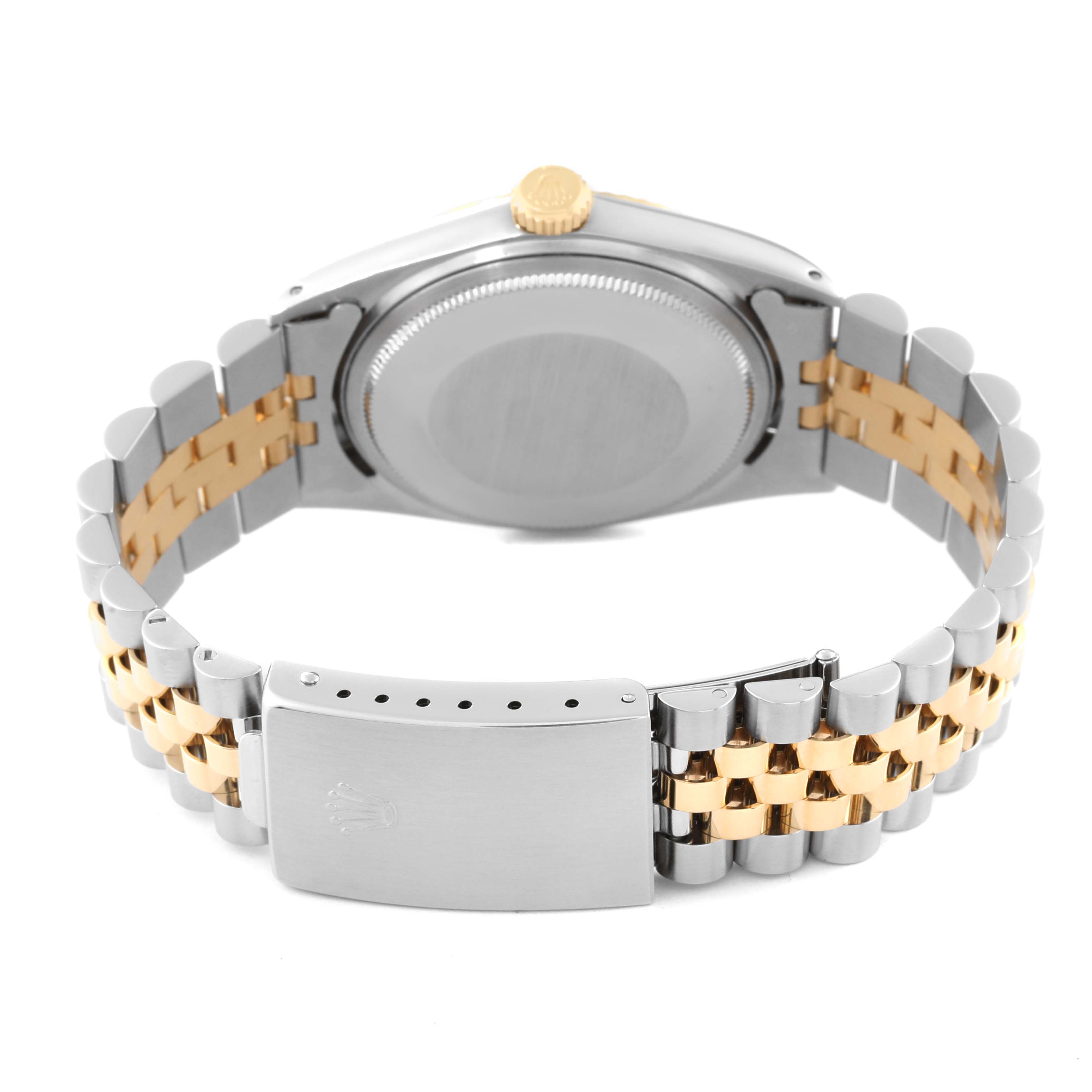 This image shows the back of a Rolex Vintage Collection 1601/3 Men's Steel and Gold (two tone) Black Dial 1601/3 Men's Steel and Gold (two tone) Black Dial watch, highlighting its case back, crown, and two-tone bracelet with clasp.