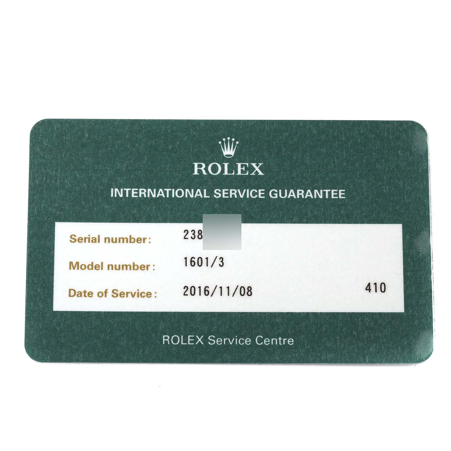 The image shows a Rolex International Service Guarantee card for the Vintage Collection model 1601/3.
