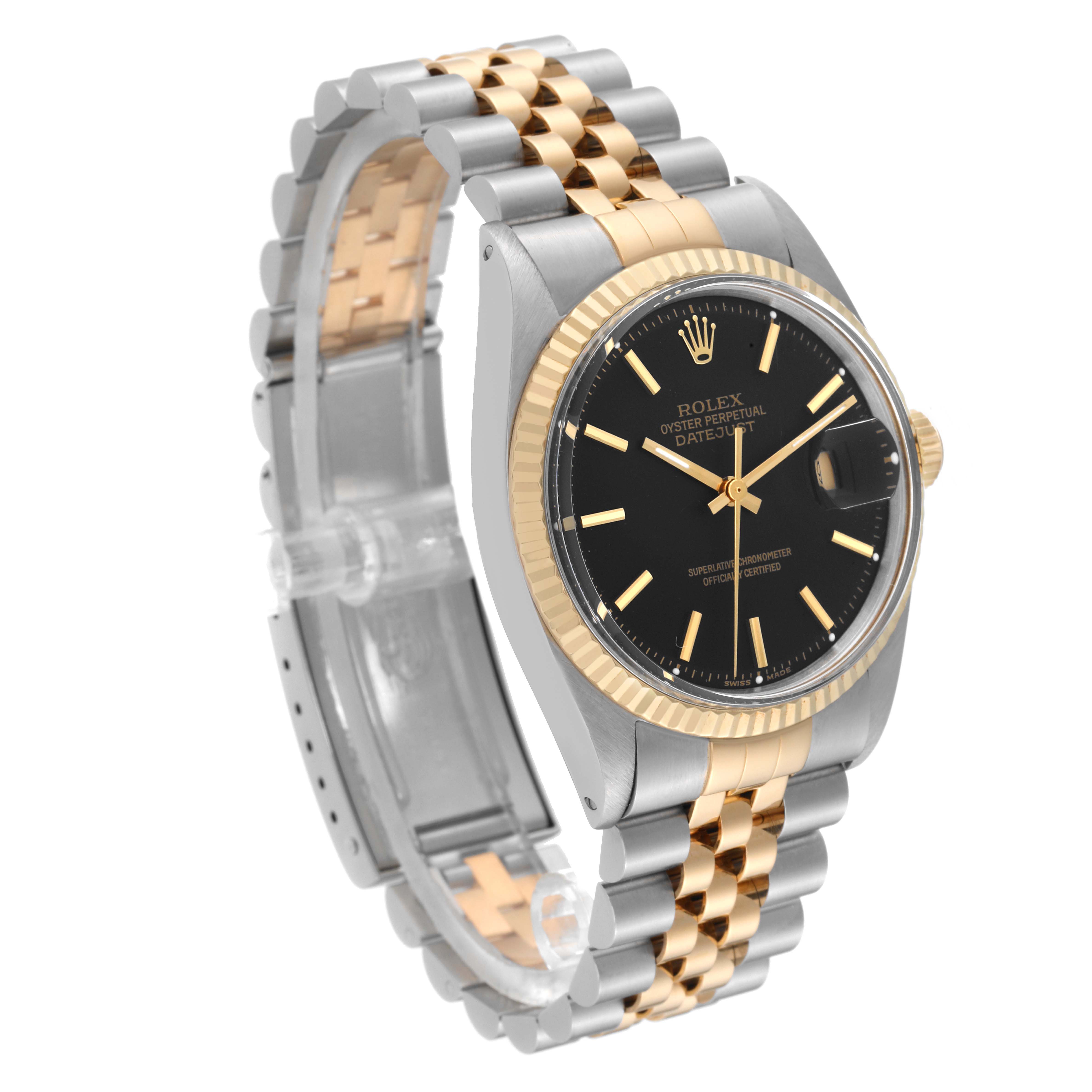 The Rolex Vintage Collection 1601/3 Men's Steel and Gold (two tone) Black Dial 1601/3 Men's Steel and Gold (two tone) Black Dial Datejust watch is shown at a three-quarter angle, highlighting its black dial, two-tone bracelet, and fluted bezel.