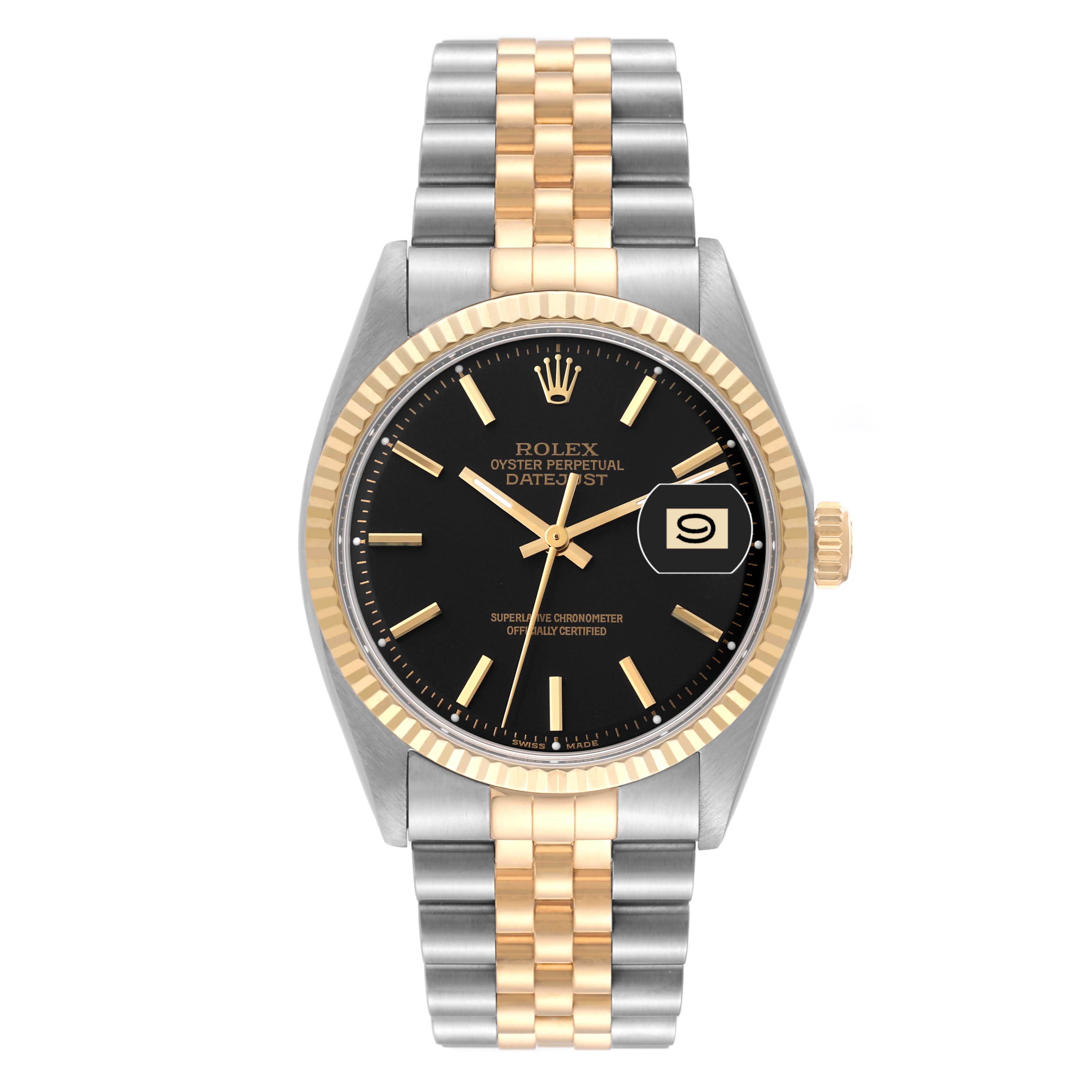 The Rolex Vintage Collection 1601/3 Men's Steel and Gold (two tone) Black Dial 1601/3 Men's Steel and Gold (two tone) Black Dial model is shown from the front, displaying its black dial, date window, and two-tone bracelet and bezel.