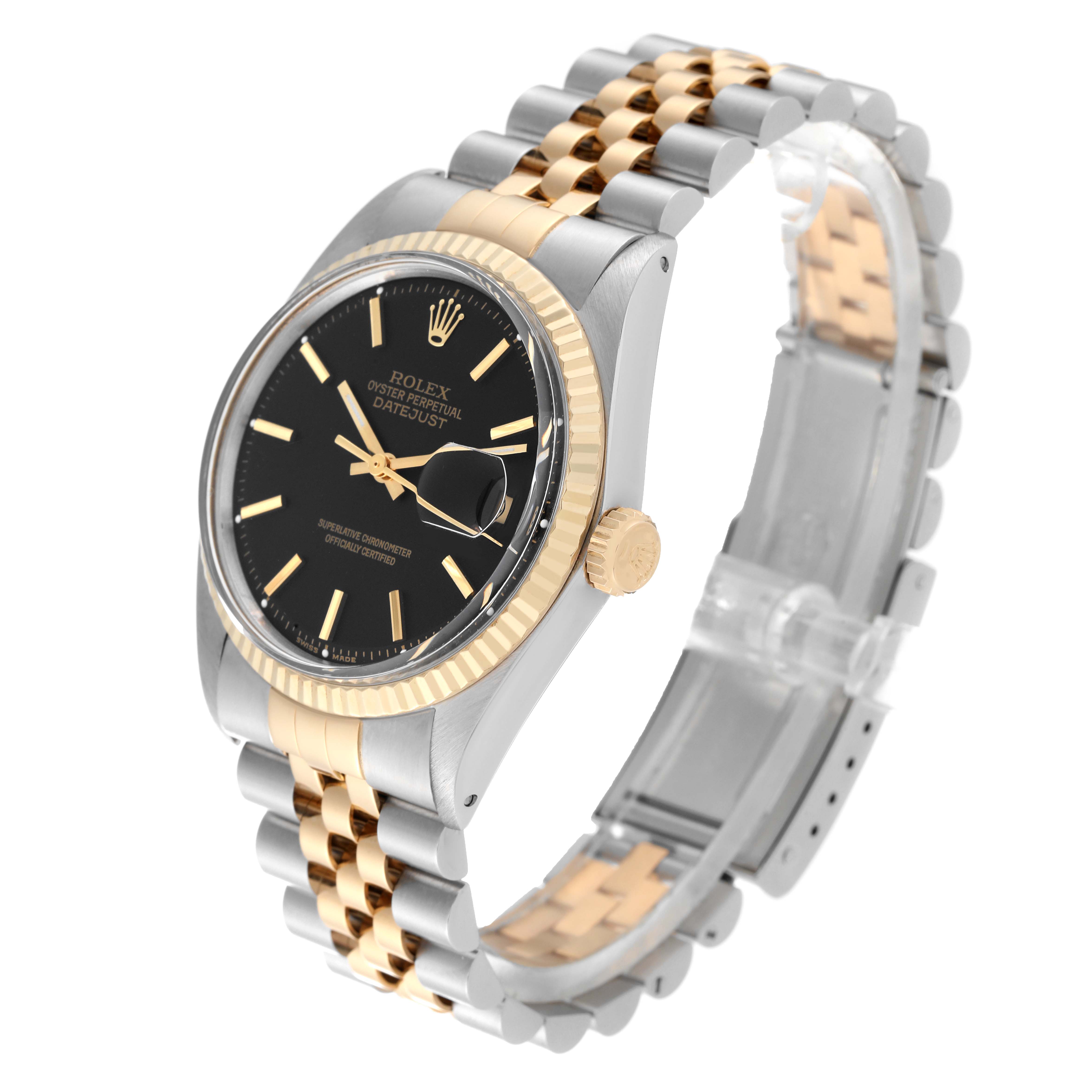 The Rolex Vintage Collection 1601/3 Men's Steel and Gold (two tone) Black Dial 1601/3 Men's Steel and Gold (two tone) Black Dial model is shown from an angled side view, highlighting the bezel, dial, crown, and two-tone bracelet.
